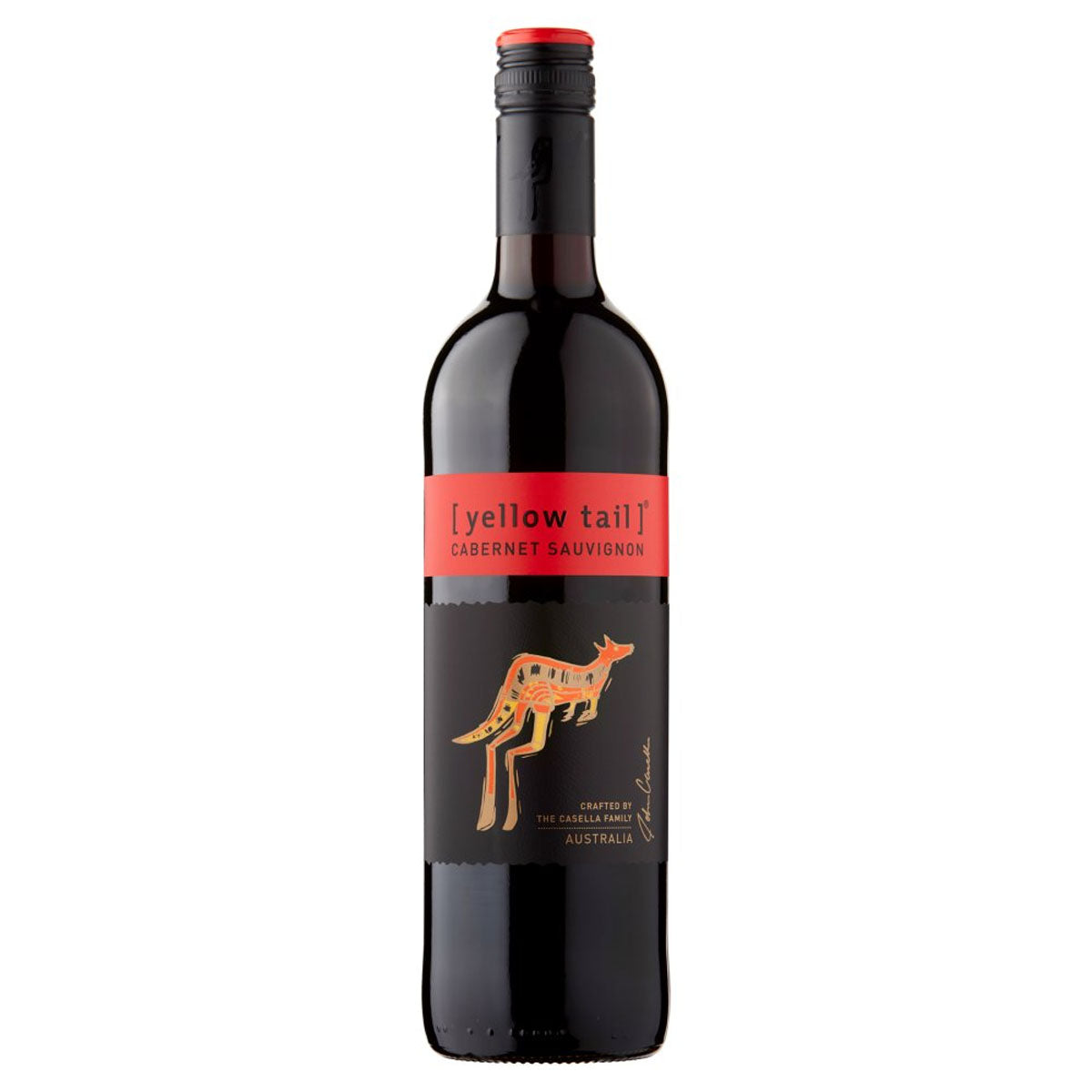 A bottle of Yellow Tail - Cabernet Sauvignon (13.5% ABV) - 750ml with a kangaroo on it. A bottle of Yellow Tail - Cabernet Sauvignon (13.5% ABV) - 750ml with a kangaroo on it.