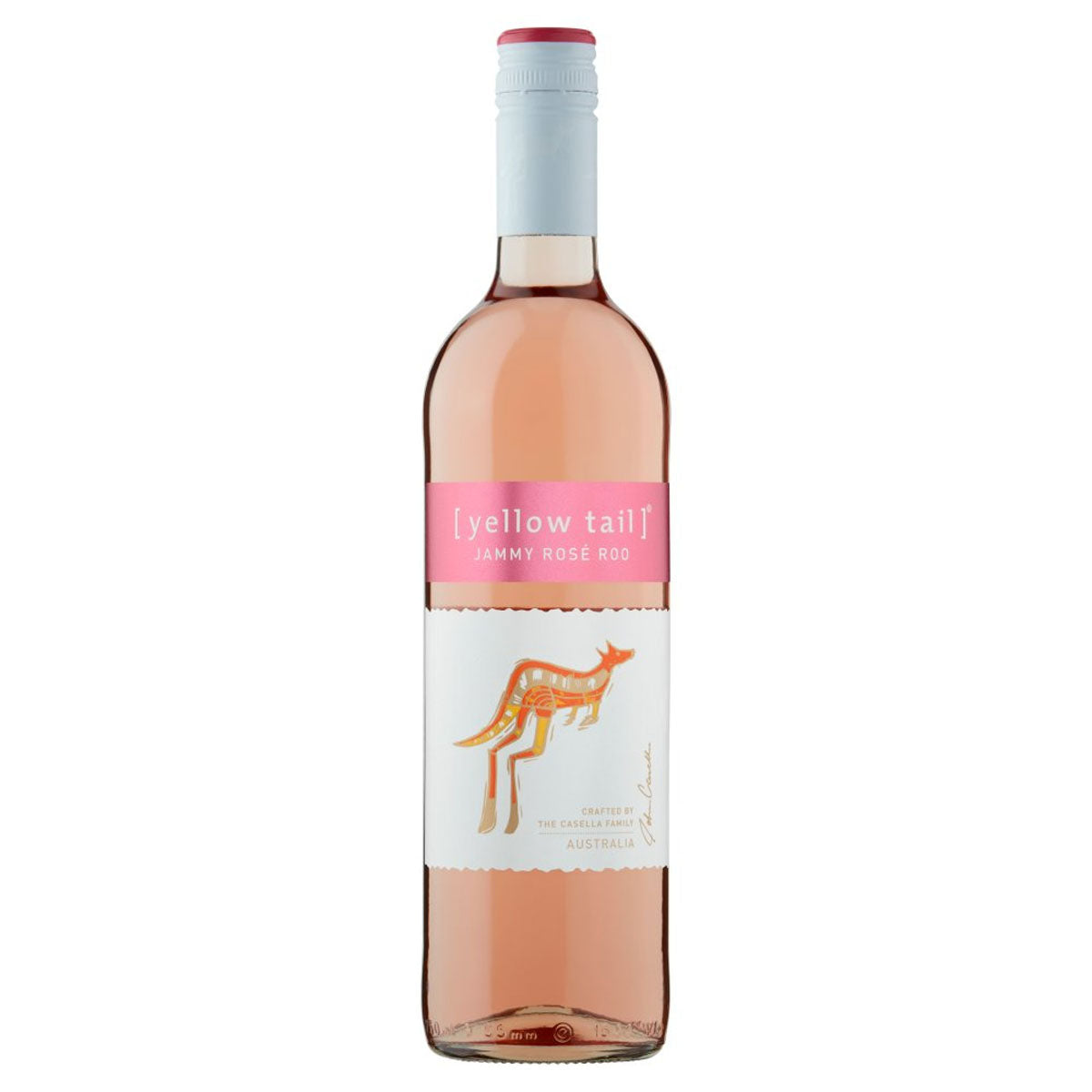 A bottle of Yellow Tail - Jammy Rose Roo (11% ABV) - 750ml with a kangaroo on it.
