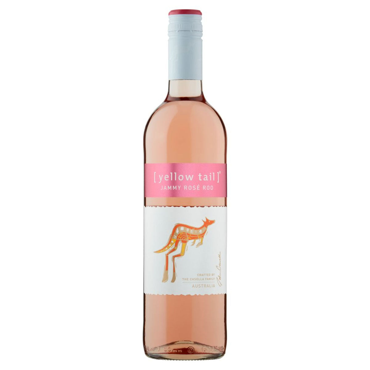 A bottle of Yellow Tail - Jammy Rose Roo (11% ABV) - 750ml with a kangaroo on it. A bottle of Yellow Tail - Jammy Rose Roo (11% ABV) - 750ml with a kangaroo on it.