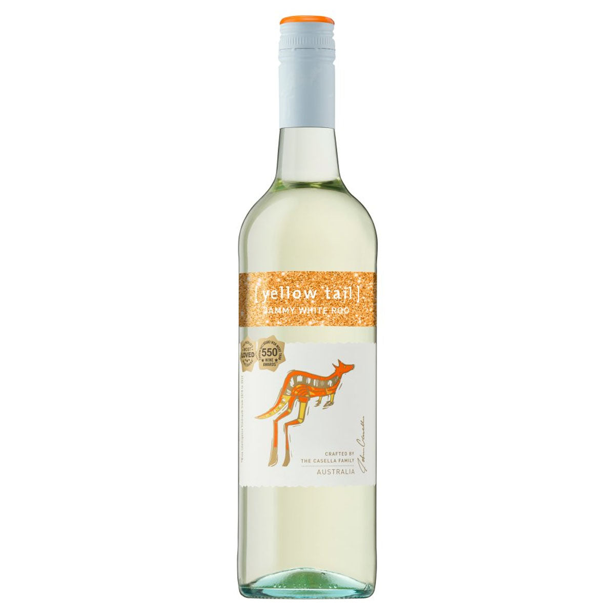 A bottle of Yellow Tail - Jammy White Roo (11% ABV) - 750ml with a kangaroo on it.