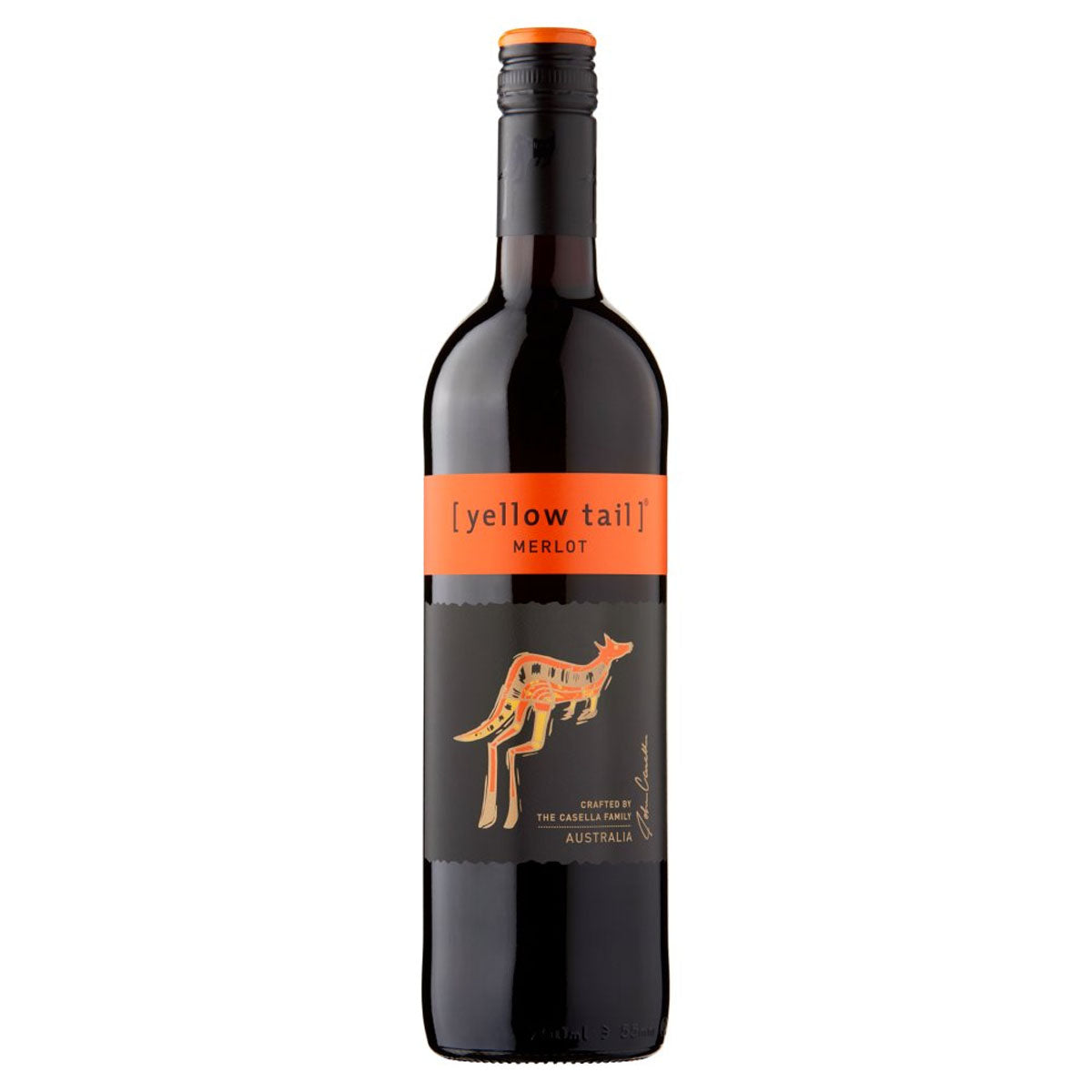 A bottle of Yellow Tail - Merlot (13.5% ABV) - 750ml with a kangaroo on it. A bottle of Yellow Tail - Merlot (13.5% ABV) - 750ml with a kangaroo on it.