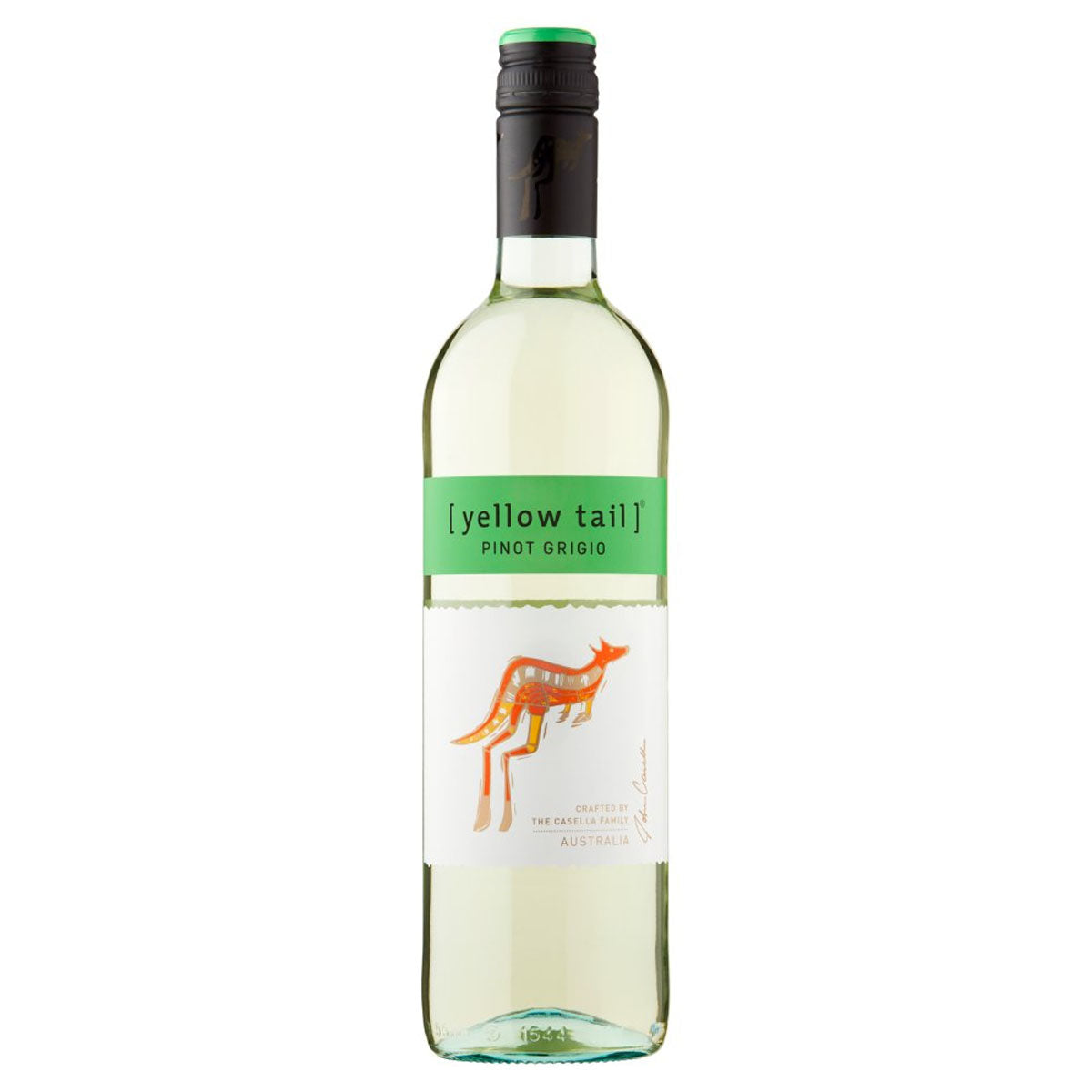 A bottle of Yellow Tail - Pinot Grigio (11.5% ABV) - 750ml with a kangaroo on it.