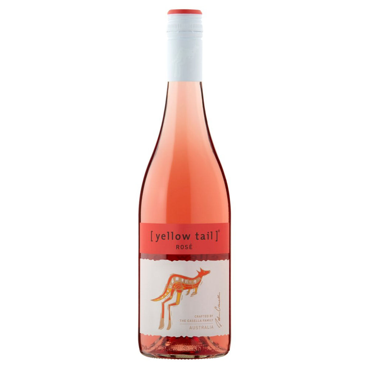 A bottle of Yellow Tail - Rose (12% ABV) - 750ml with a kangaroo on it. A bottle of Yellow Tail - Rose (12% ABV) - 750ml with a kangaroo on it.