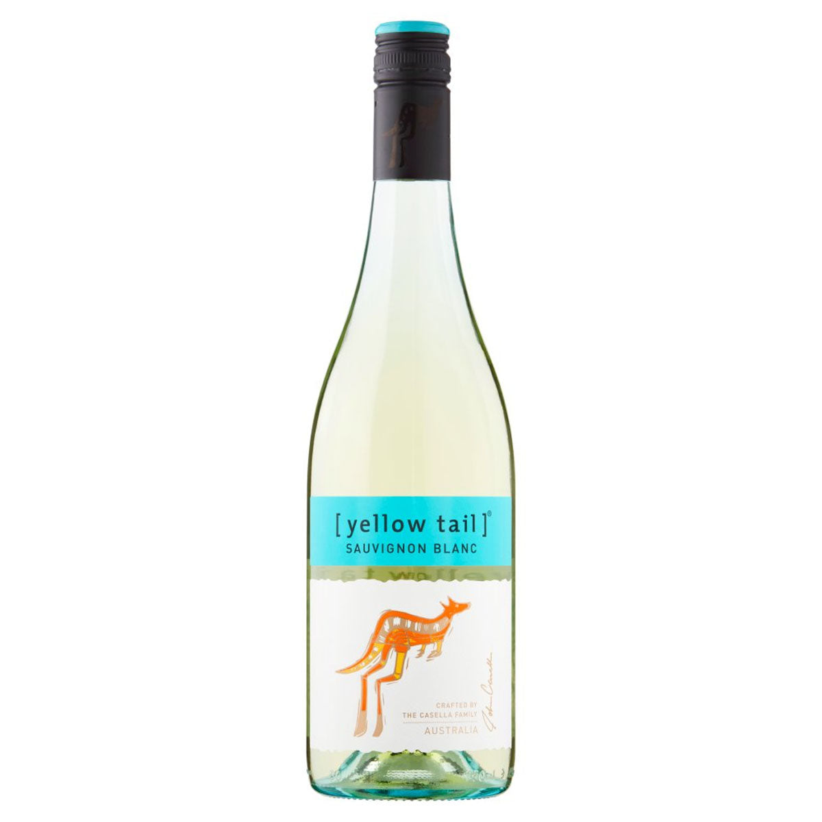 A bottle of Yellow Tail - Sauvignon Blanc (11.5% ABV) - 750ml with a kangaroo on it.