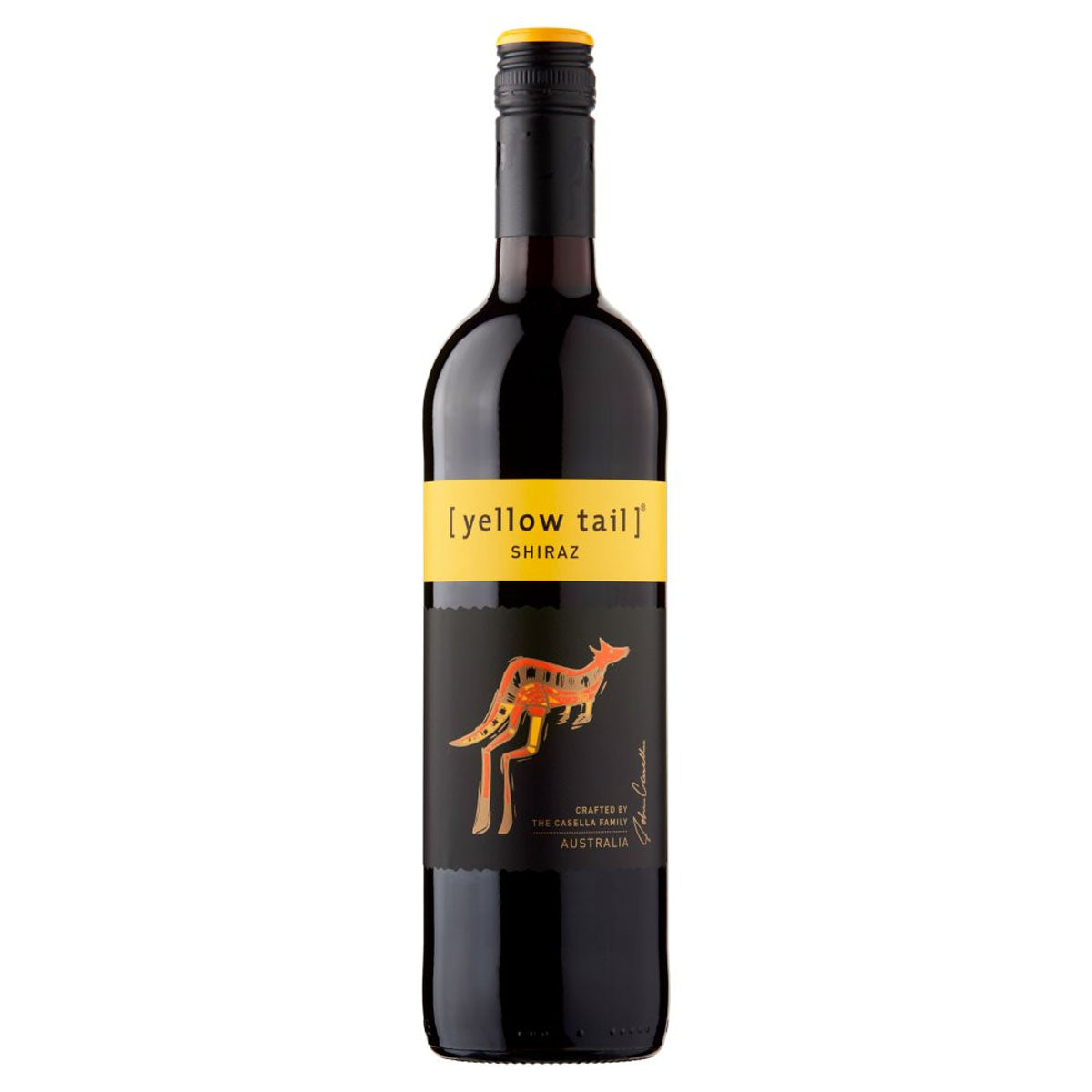 A bottle of Yellow Tail - Shiraz (13.5% ABV) - 750ml with a kangaroo on it.