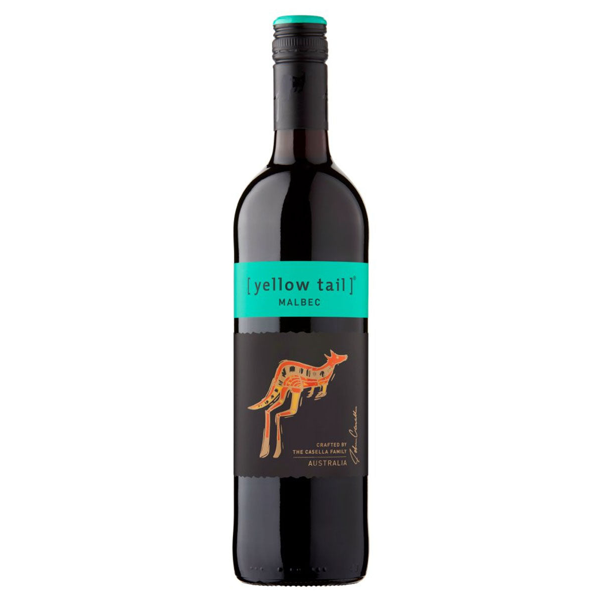 A bottle of Yellow Tail - Malbec (13.5% ABV) - 750ml with a kangaroo on it.