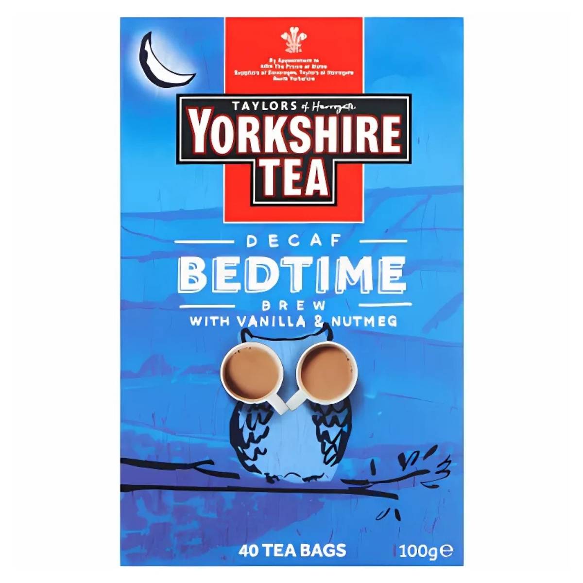 Yorkshire Tea - Decaf Brew with Vanilla & Nutmeg, 100g box with 40 decaffeinated tea bags. Blue packaging features two teacups on an illustrated owl. Yorkshire Tea - Decaf Brew with Vanilla & Nutmeg, 100g box with 40 decaffeinated tea bags. Blue packaging features two teacups on an illustrated owl.