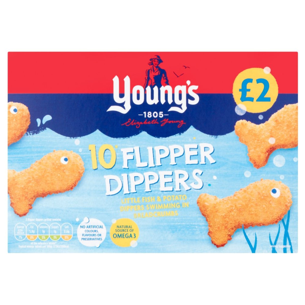 Box of Young's 10 Flipper Dippers (250g), featuring fish-shaped fish and potato dippers in breadcrumbs, with a £2 price label in the top right corner. Box of Young's 10 Flipper Dippers (250g), featuring fish-shaped fish and potato dippers in breadcrumbs, with a £2 price label in the top right corner.