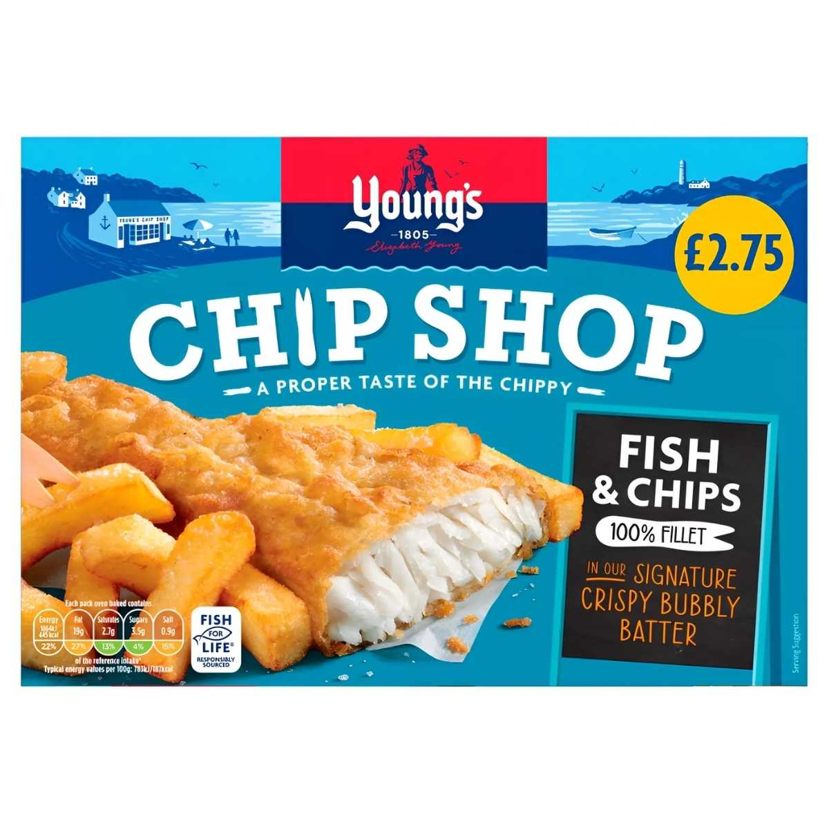 Young's - Chip Shop Fish & Chips - 300g: Enjoy battered fish fillet and golden chips in signature crispy bubbly batter, for a classic British chippy taste. Blue pack, labeled £2.75 and "100% fillet. Young's - Chip Shop Fish & Chips - 300g: Enjoy battered fish fillet and golden chips in signature crispy bubbly batter, for a classic British chippy taste. Blue pack, labeled £2.75 and "100% fillet.