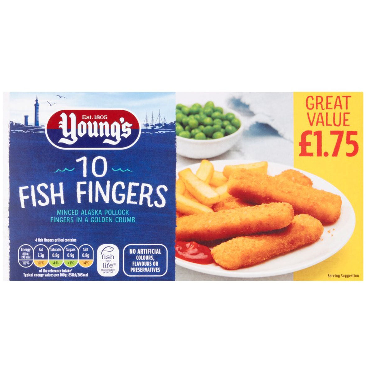 Box of Young's 10 Fish Fingers - 250g, featuring breaded Alaska pollock fish fingers on a plate with fries and peas. Price: £1.75. Box of Young's 10 Fish Fingers - 250g, featuring breaded Alaska pollock fish fingers on a plate with fries and peas. Price: £1.75.