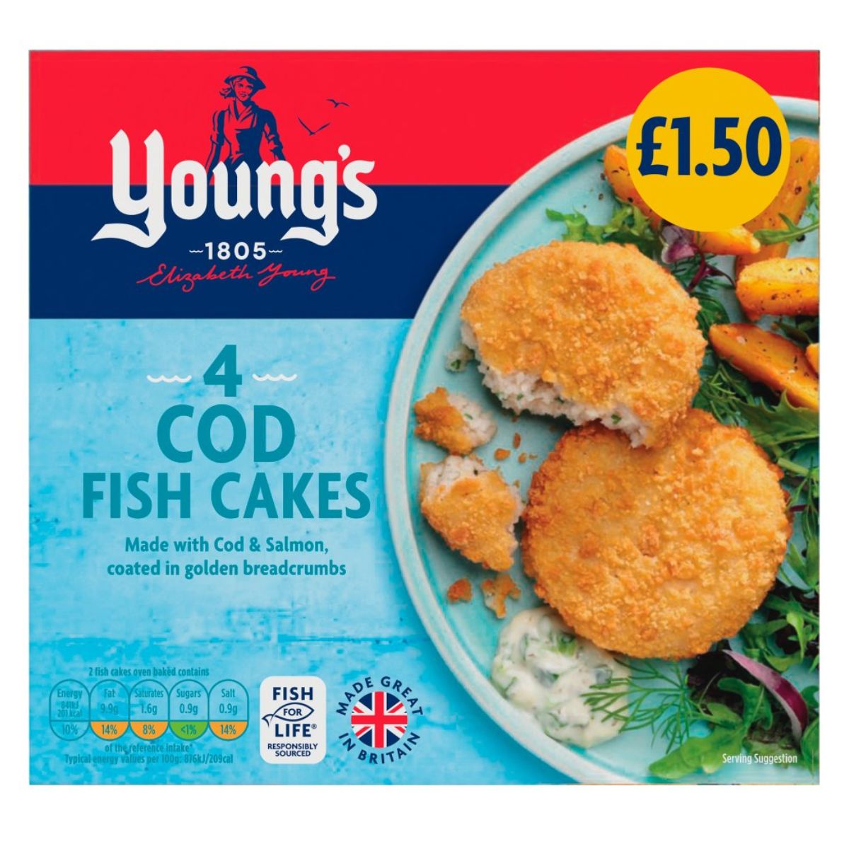 Package of Youngs - 4 Cod Fish Cakes - 200g with a price tag of £1.50, featuring an image of the product and potatoes on the side. text highlights ingredients and british heritage.