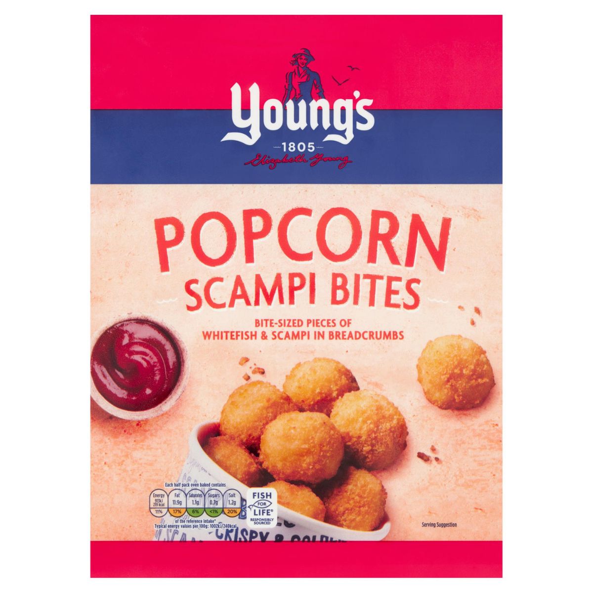 A 300g pack of Young's Popcorn Scampi Bites is shown with an image of breaded bites, dipping sauce, and product details on the front. A 300g pack of Young's Popcorn Scampi Bites is shown with an image of breaded bites, dipping sauce, and product details on the front.