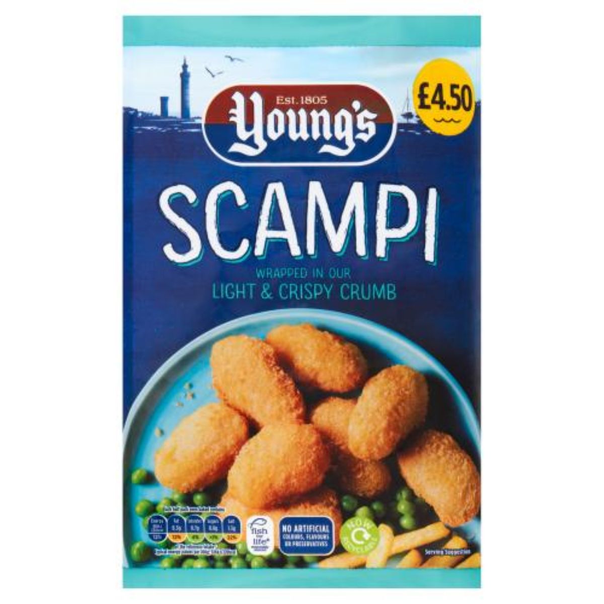 Young's Scampi 220g, wrapped in light and crispy crumb, is priced at £4.50 and shown on the pack with scampi pieces and peas on a plate. Young's Scampi 220g, wrapped in light and crispy crumb, is priced at £4.50 and shown on the pack with scampi pieces and peas on a plate.