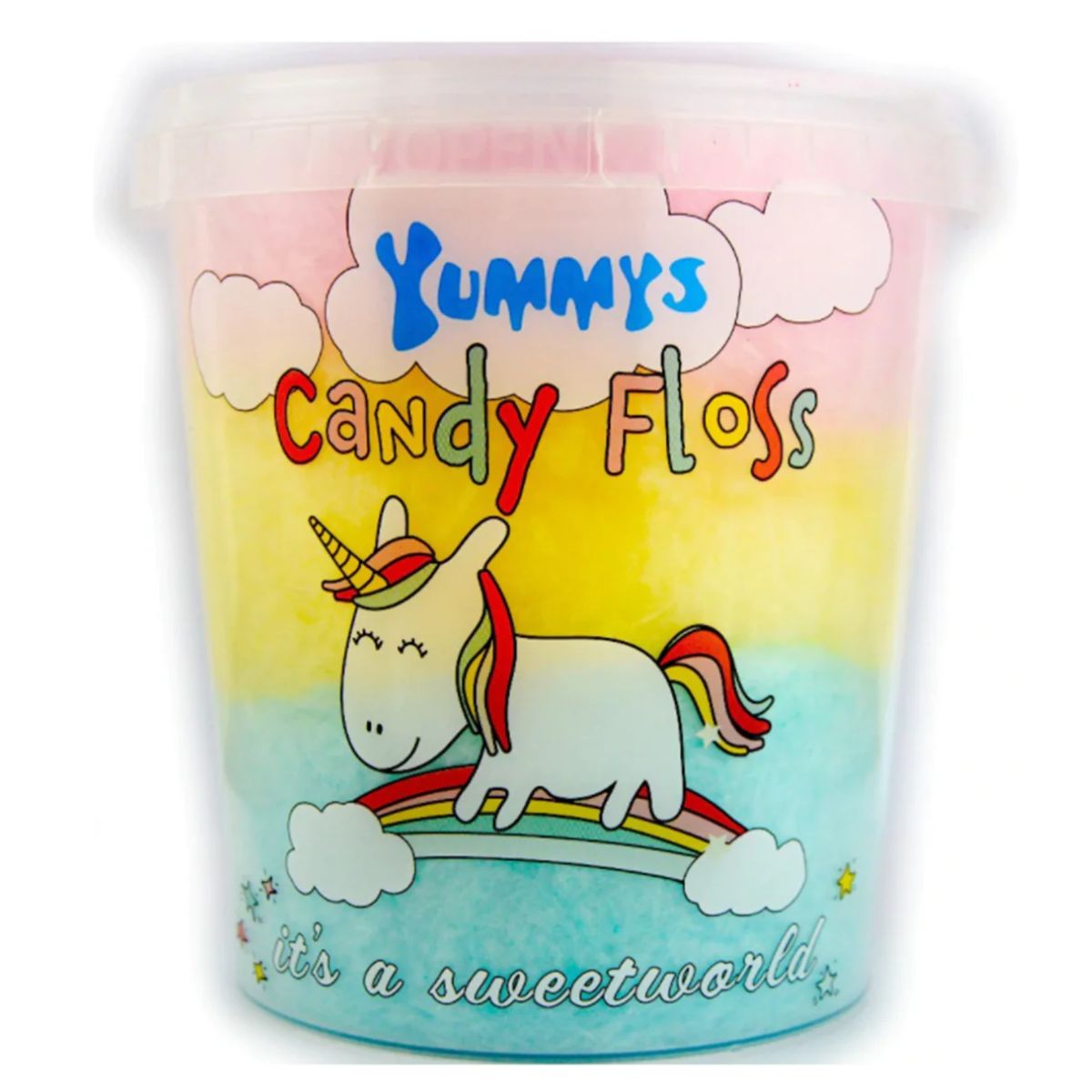 Container of Yummys - Candy Floss - 50g with a unicorn and rainbow design. Container of Yummys - Candy Floss - 50g with a unicorn and rainbow design.