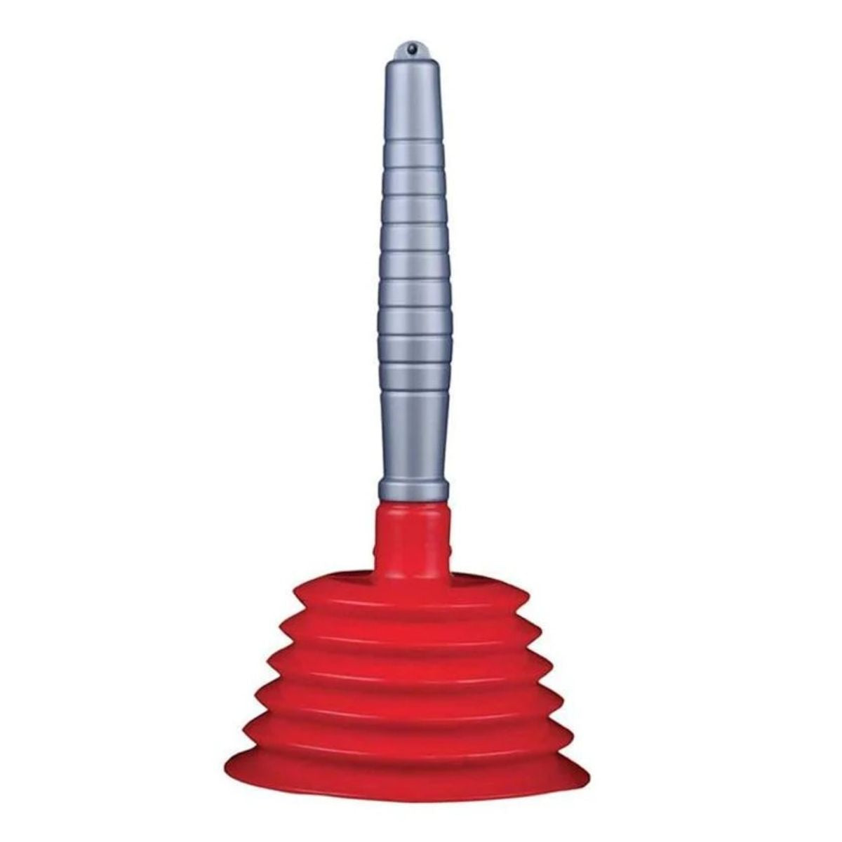 The Zambak Accordion Plunger features a red accordion-style design with a gray ridged handle, shown standing upright against a plain white background. The Zambak Accordion Plunger features a red accordion-style design with a gray ridged handle, shown standing upright against a plain white background.
