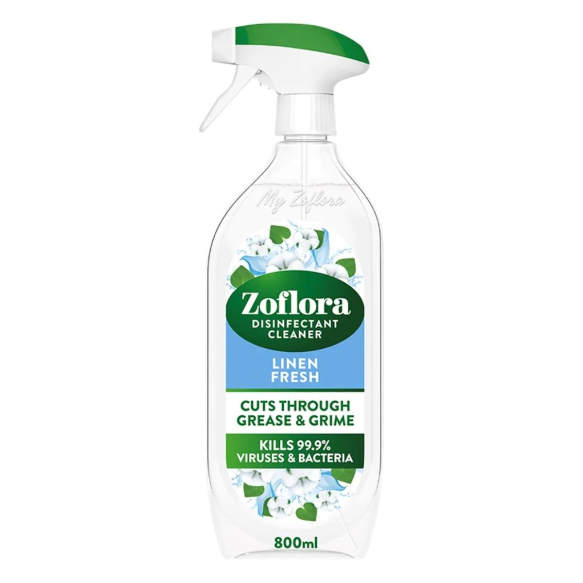 A bottle of Zoflora - Linen Fresh Disinfectant - 800ml cleaning spray on a white background. A bottle of Zoflora - Linen Fresh Disinfectant - 800ml cleaning spray on a white background.
