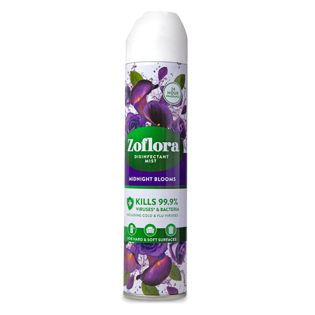 Zoflora Midnight Blooms deodorant spray with purple flowers on a white background. Zoflora Midnight Blooms deodorant spray with purple flowers on a white background.