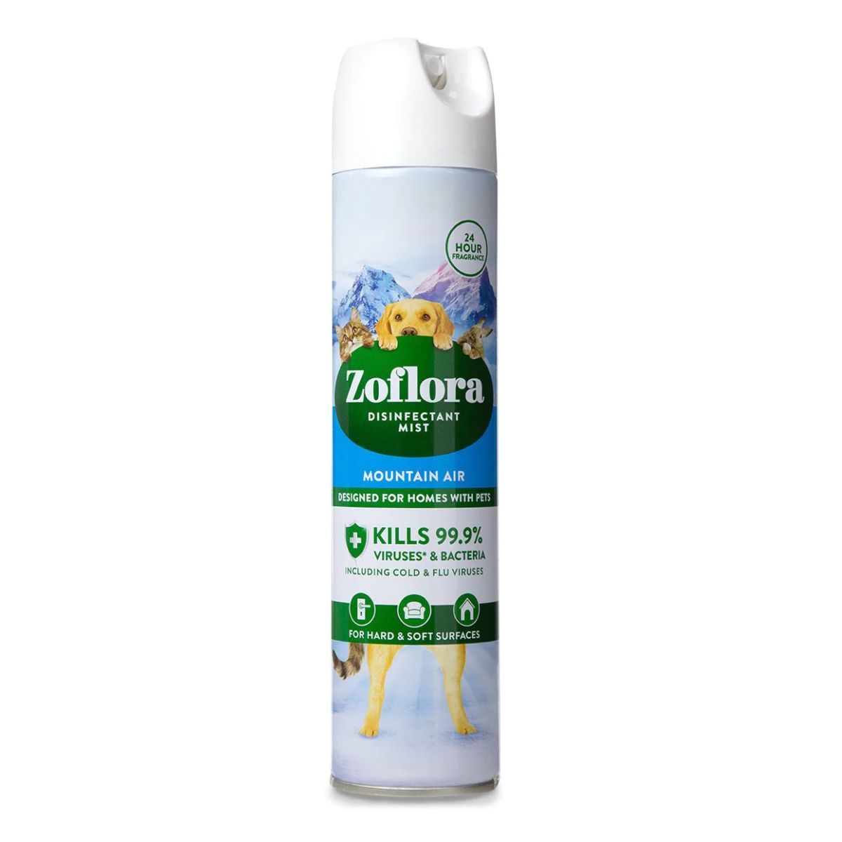 A bottle of Zoflora Mountain Aerosol on a white background. A bottle of Zoflora Mountain Aerosol on a white background.