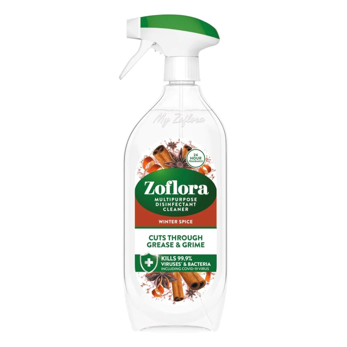 A bottle of Zoflora - Winter Spice Disinfectant - 800ml. A bottle of Zoflora - Winter Spice Disinfectant - 800ml.