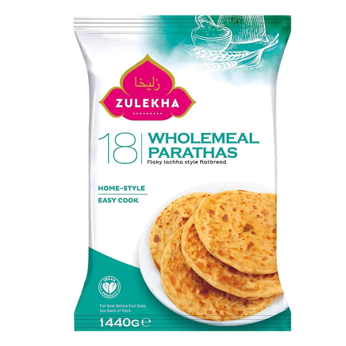 A packet of Zulekha - 18 Wholemeal Parathas - 1440g. The green and white packaging showcases a picture of cooked parathas on a plate, emphasizing the benefits of whole grains. A packet of Zulekha - 18 Wholemeal Parathas - 1440g. The green and white packaging showcases a picture of cooked parathas on a plate, emphasizing the benefits of whole grains.