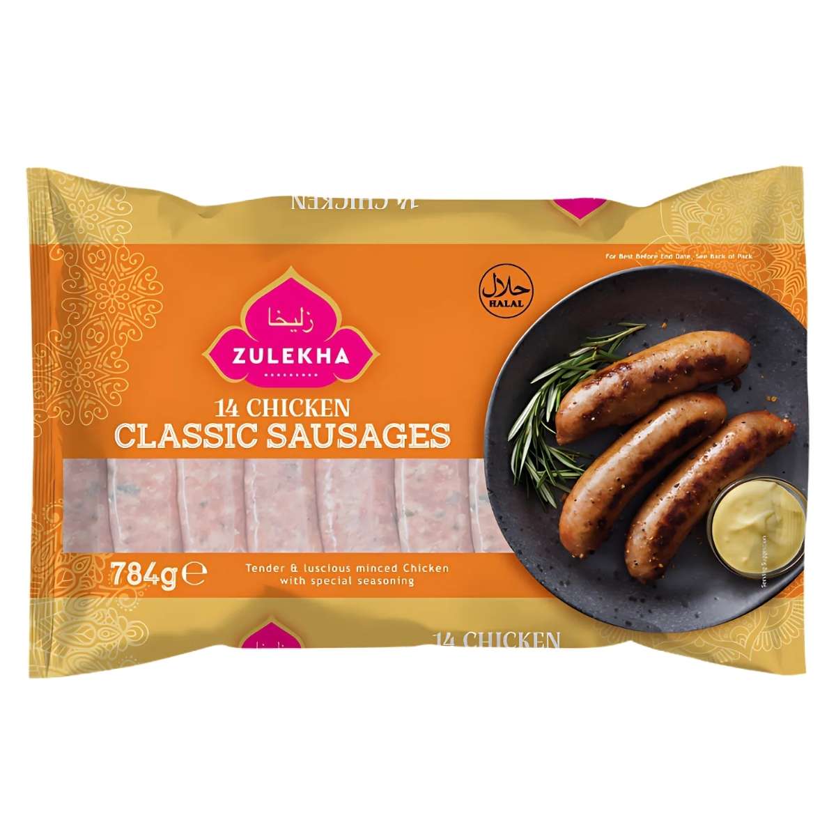 Experience the premium taste of Zulekha's 14 Chicken Classic Sausages, a halal-certified chicken treat. The packaging showcases an appetizing image of grilled sausages served with sauce, offering a delectable meal choice at 784g. Experience the premium taste of Zulekha's 14 Chicken Classic Sausages, a halal-certified chicken treat. The packaging showcases an appetizing image of grilled sausages served with sauce, offering a delectable meal choice at 784g.