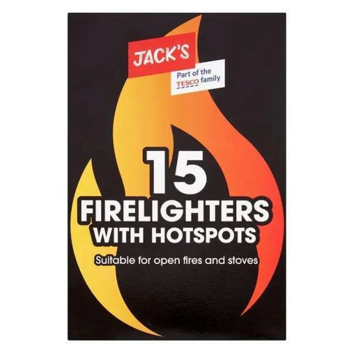 Jack's 15 Firelighters With Hotspots (200g), ideal for open fires and stoves. Features flame graphic packaging with Tesco branding. Jack's 15 Firelighters With Hotspots (200g), ideal for open fires and stoves. Features flame graphic packaging with Tesco branding.