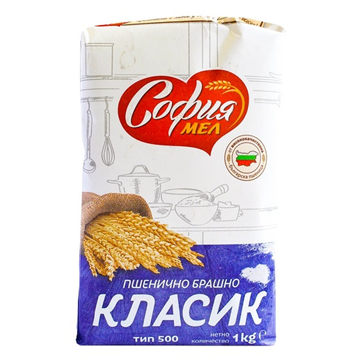 A bag of Sofia - Classic White Flour - 1kg on a white background. A bag of Sofia - Classic White Flour - 1kg on a white background.