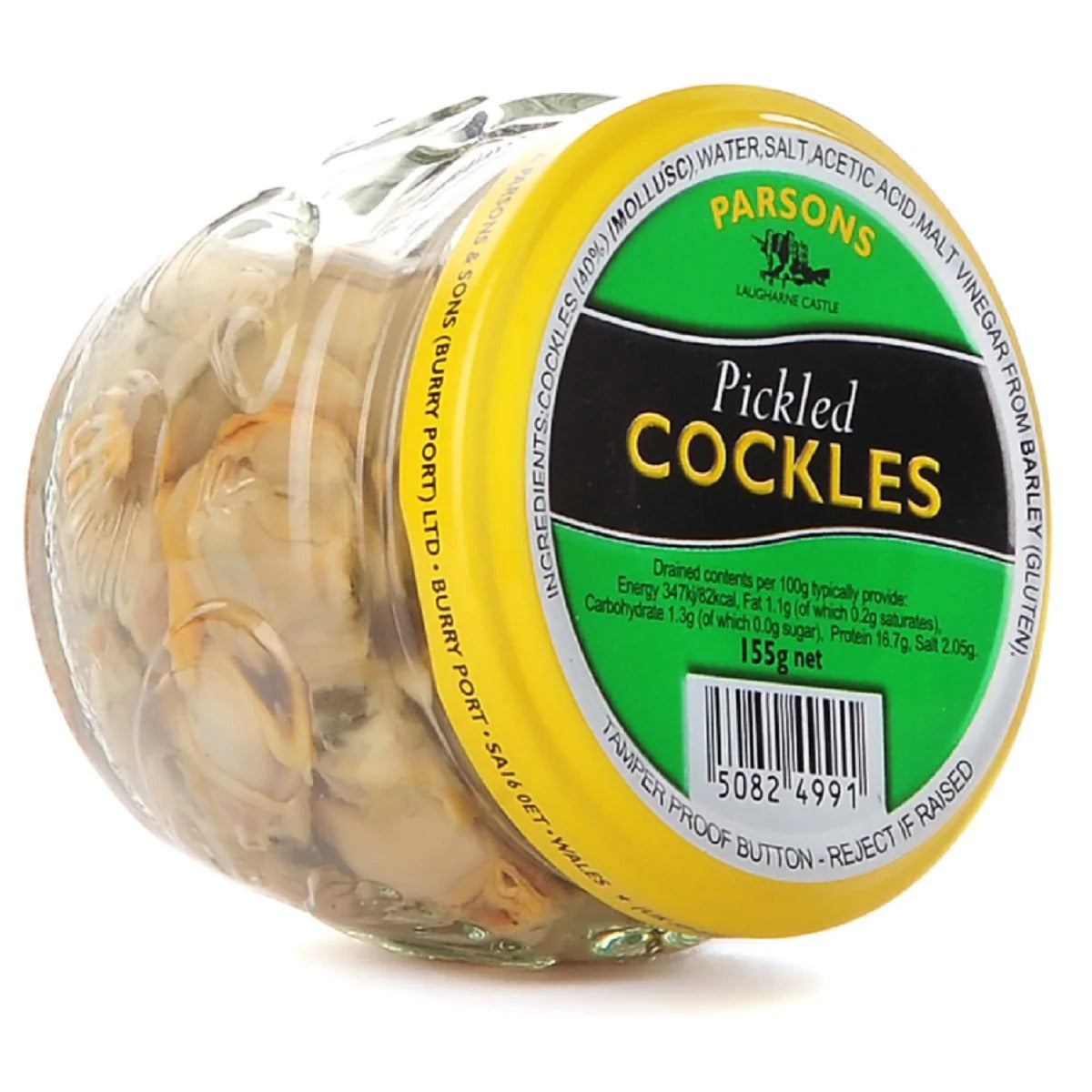 A jar of Parsons - Pickled Cockles - 155g on a white background.