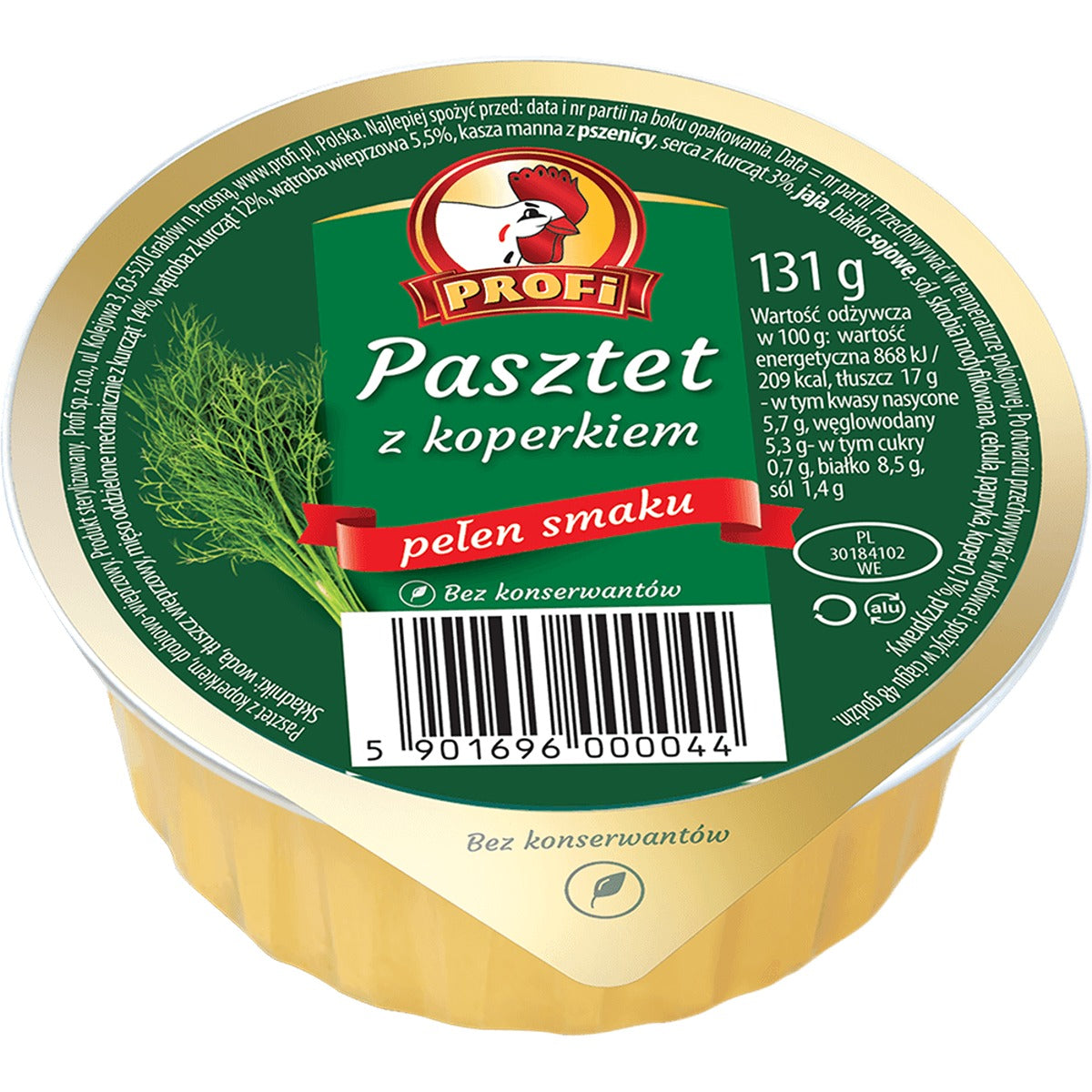 A container of Profi - Pate with Mushrooms 250g with a label on it.