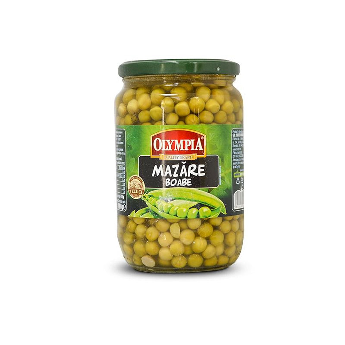 An Olympia - Green Peas - 680g jar on a white background.