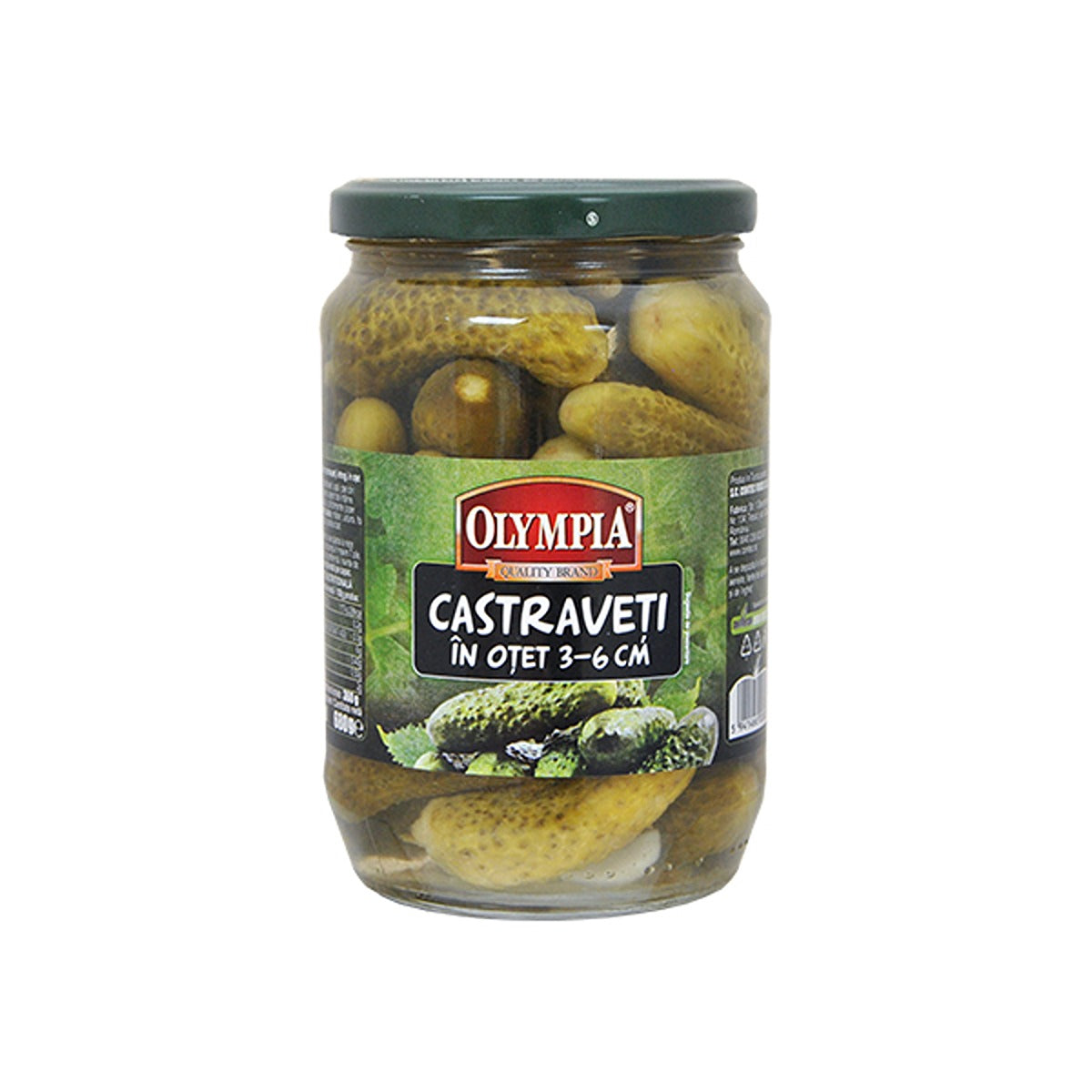 An Olympia jar of pickles on a white background.