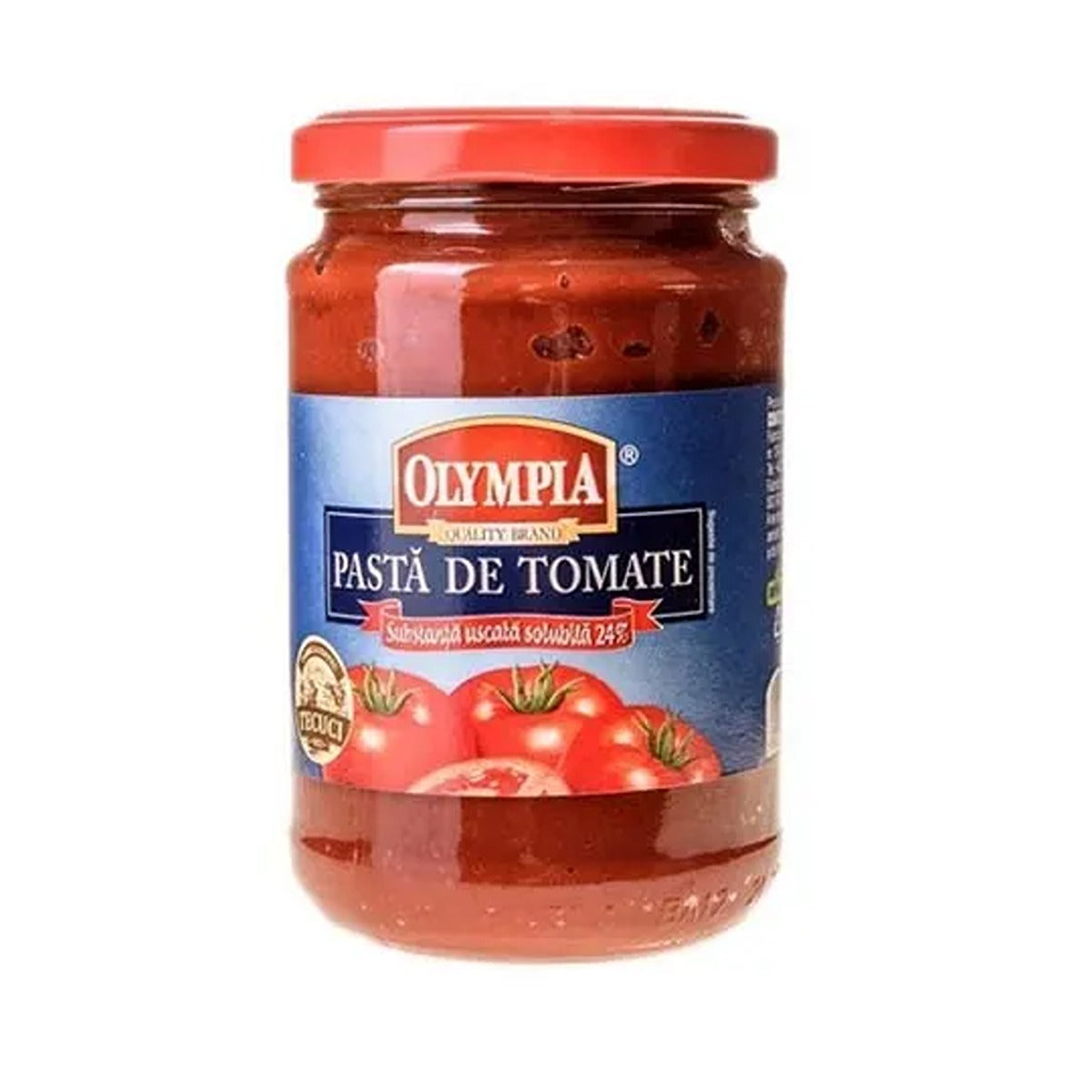A jar of Olympia - Tomato Paste - 314g on a white background. A jar of Olympia - Tomato Paste - 314g on a white background.