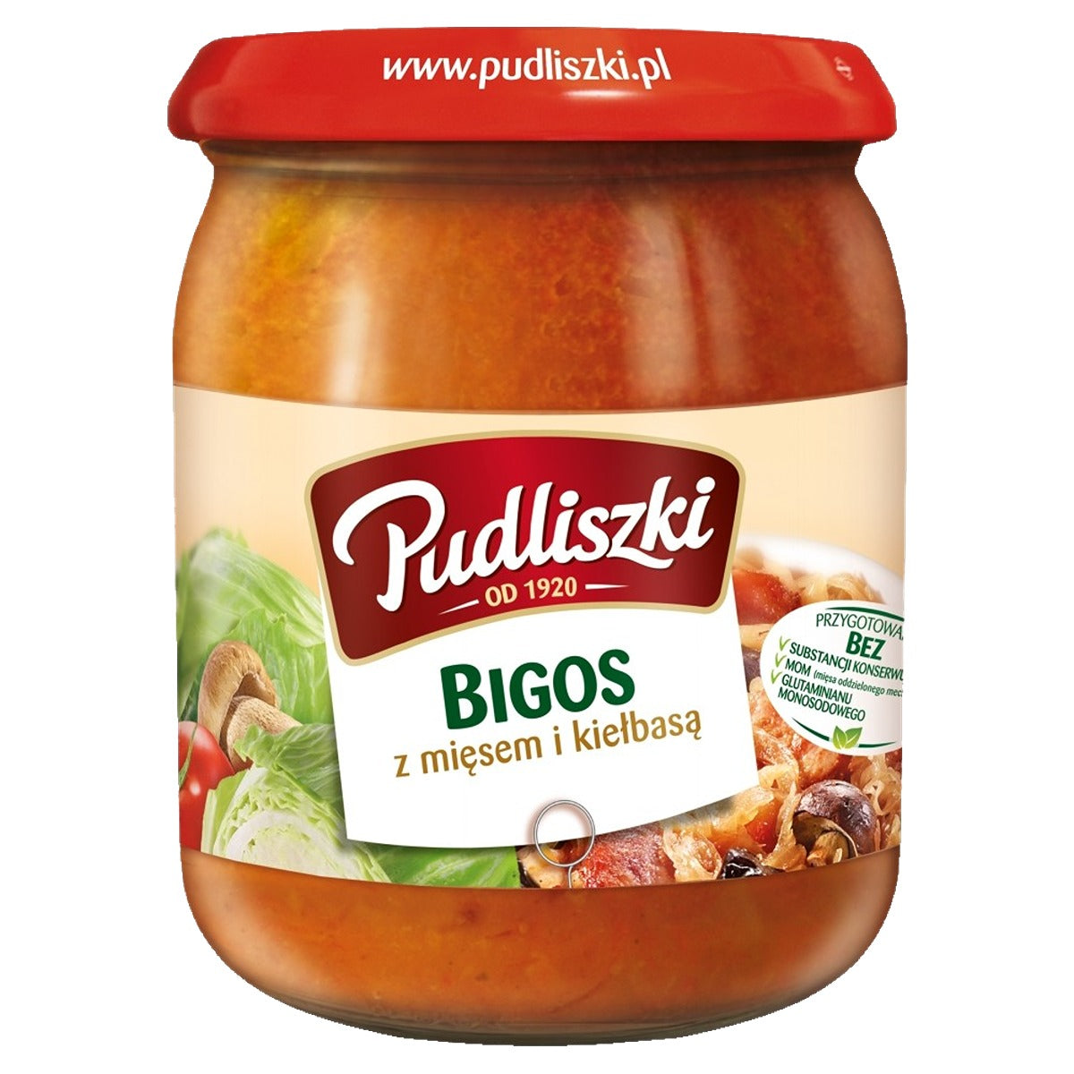 A jar of Pudliszki - Bigos Stewed Cabbage with Meat & Sausage - 500g on a white background.
