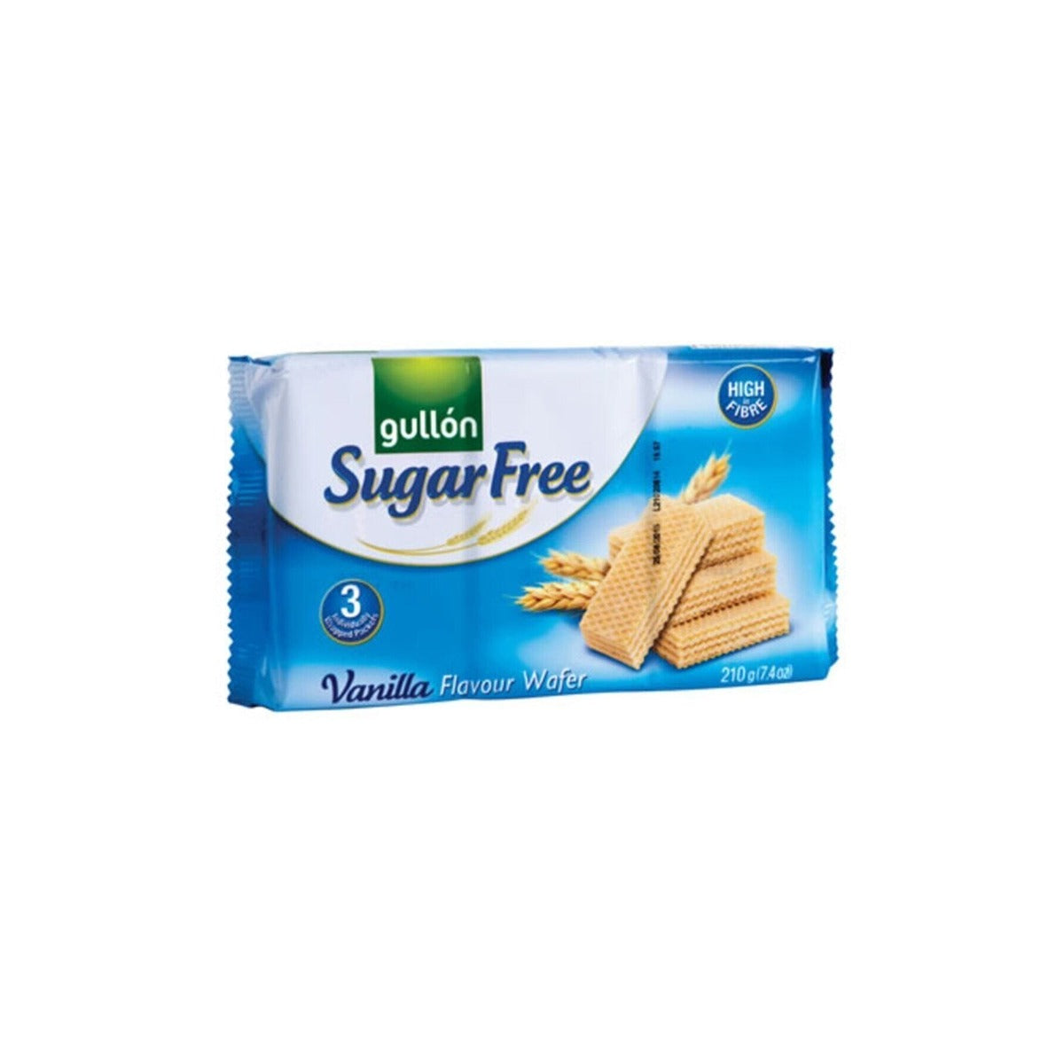 A box of Gullon - Sugar Free Vanilla Flavour Wafer Biscuits - 210g on a white background.