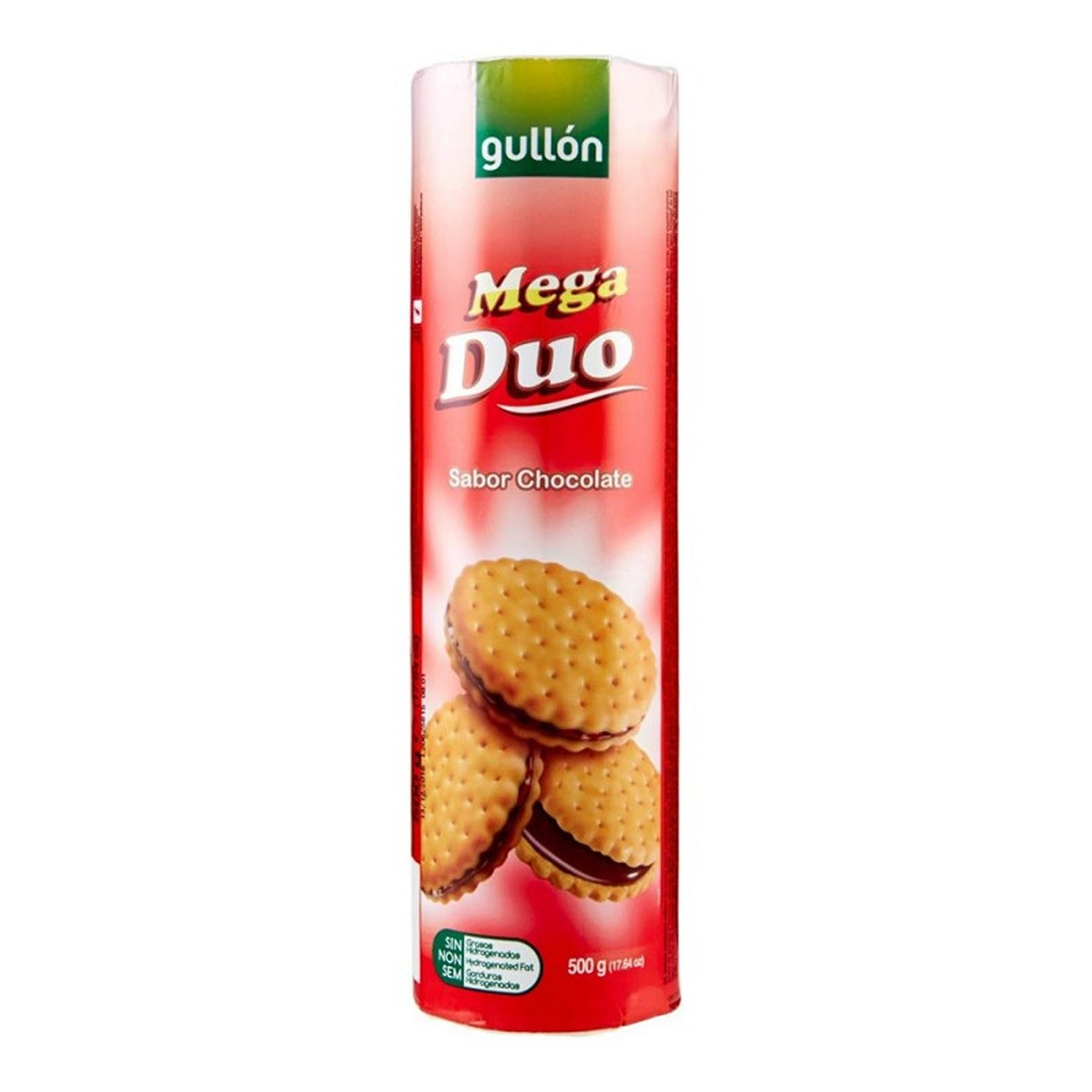A package of Gullon - Mega Duo Choco Sandwich Biscuits - 500g with a white background. A package of Gullon - Mega Duo Choco Sandwich Biscuits - 500g with a white background.
