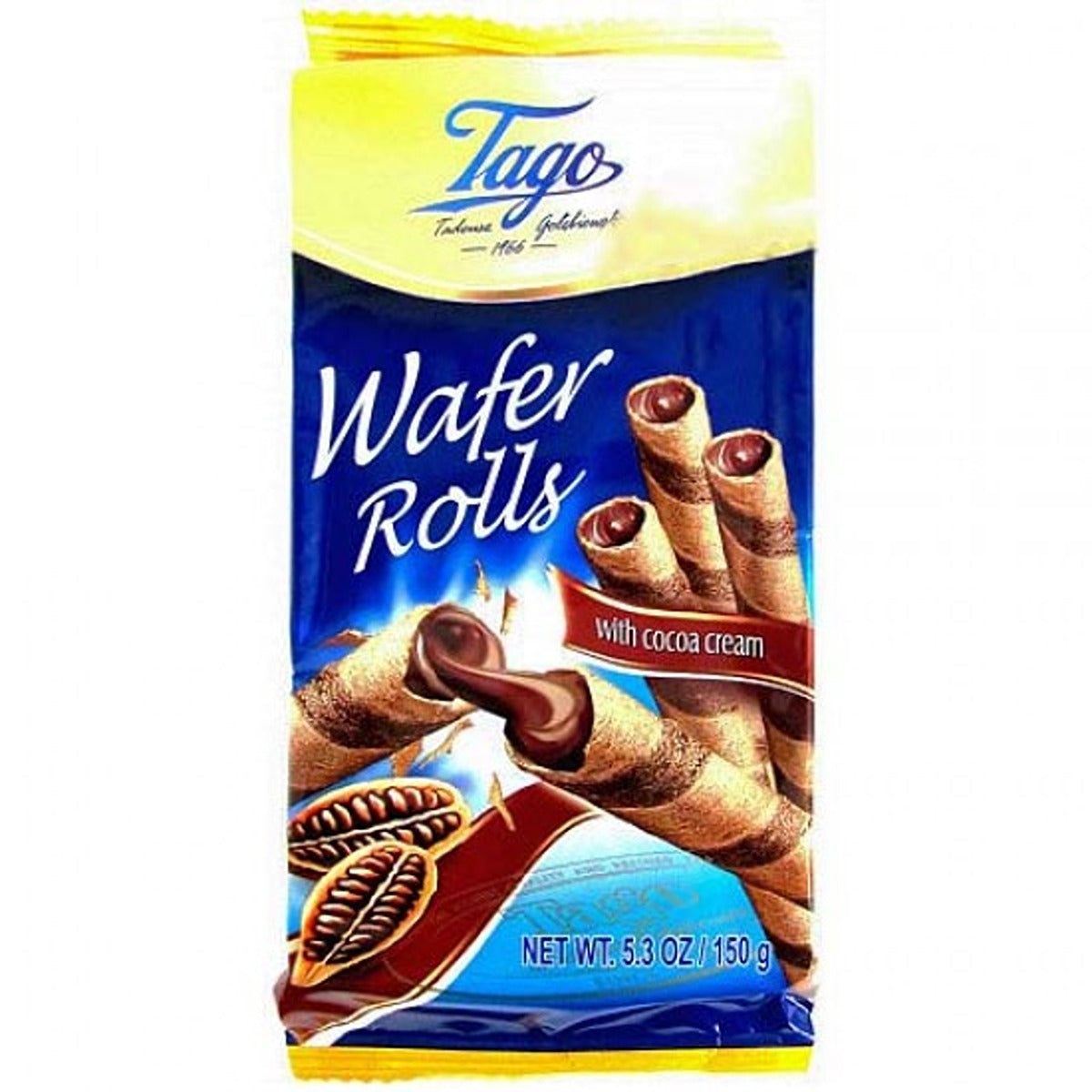 A bag of Tago - Wafer Rolls with Cocoa Cream on a white background.