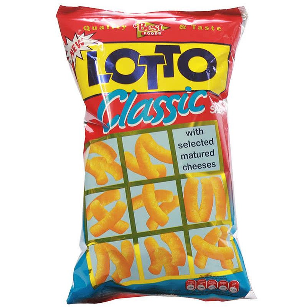 A bag of Lotto Classic Cheese Corn Puff Crisps, enhanced by cheese powder and iodized salt, features yellow and blue branding with images of corn grits snacks in a grid pattern. A bag of Lotto Classic Cheese Corn Puff Crisps, enhanced by cheese powder and iodized salt, features yellow and blue branding with images of corn grits snacks in a grid pattern.