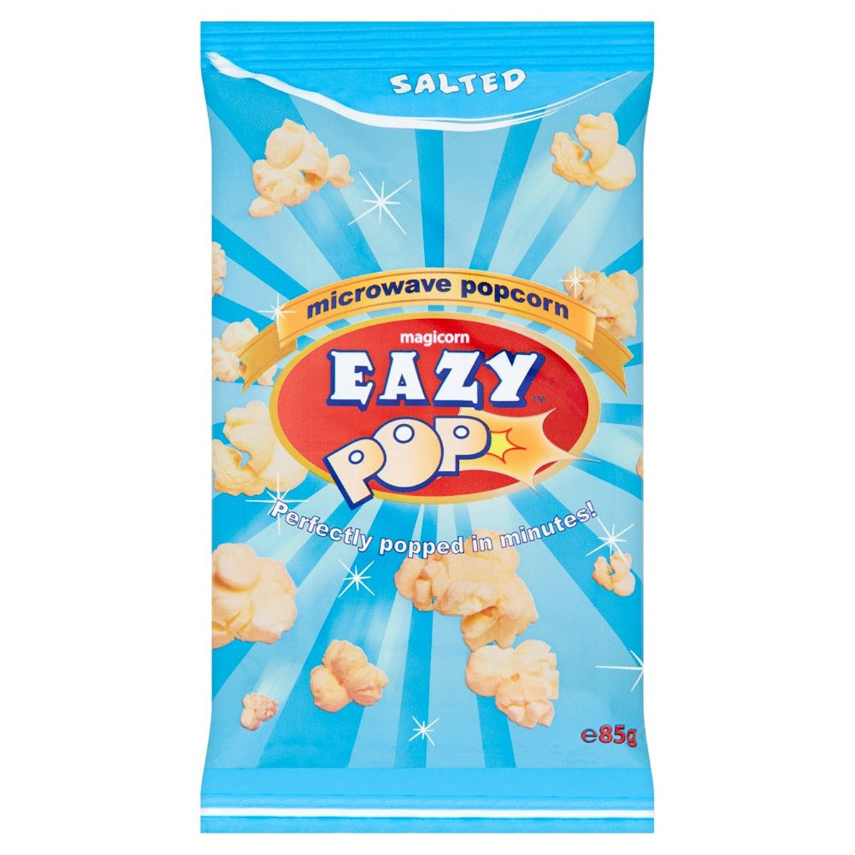 A bag of Eazy Pop - Magicorn Salted Microwave Popcorn - 85g on a white background. A bag of Eazy Pop - Magicorn Salted Microwave Popcorn - 85g on a white background.