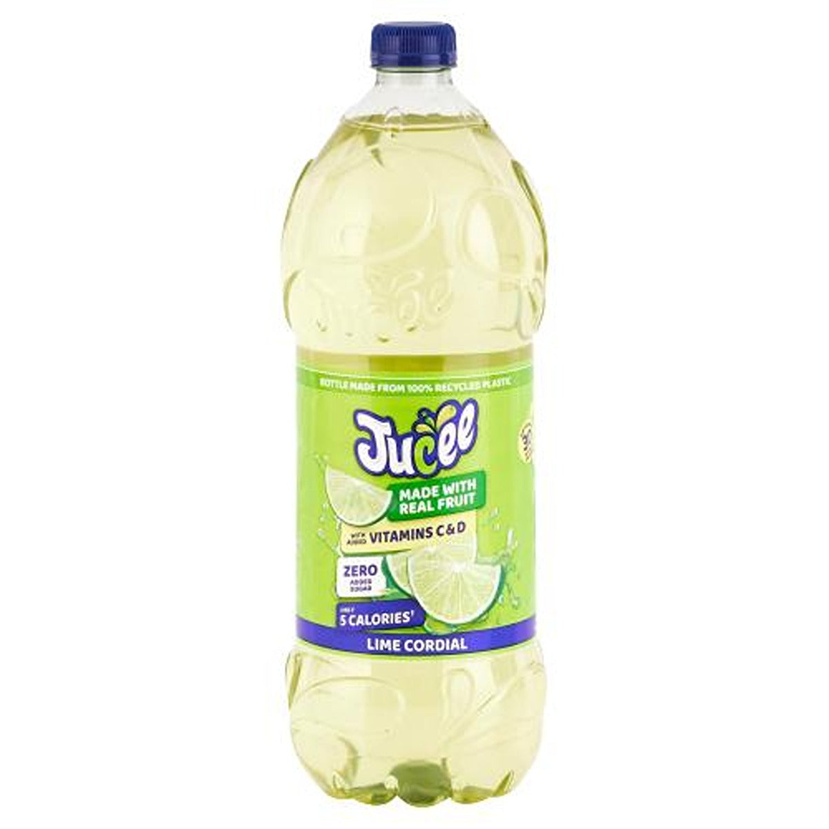 A bottle of Jucee - Zero Added Sugar Lime Cordial - 1.5L on a white background.