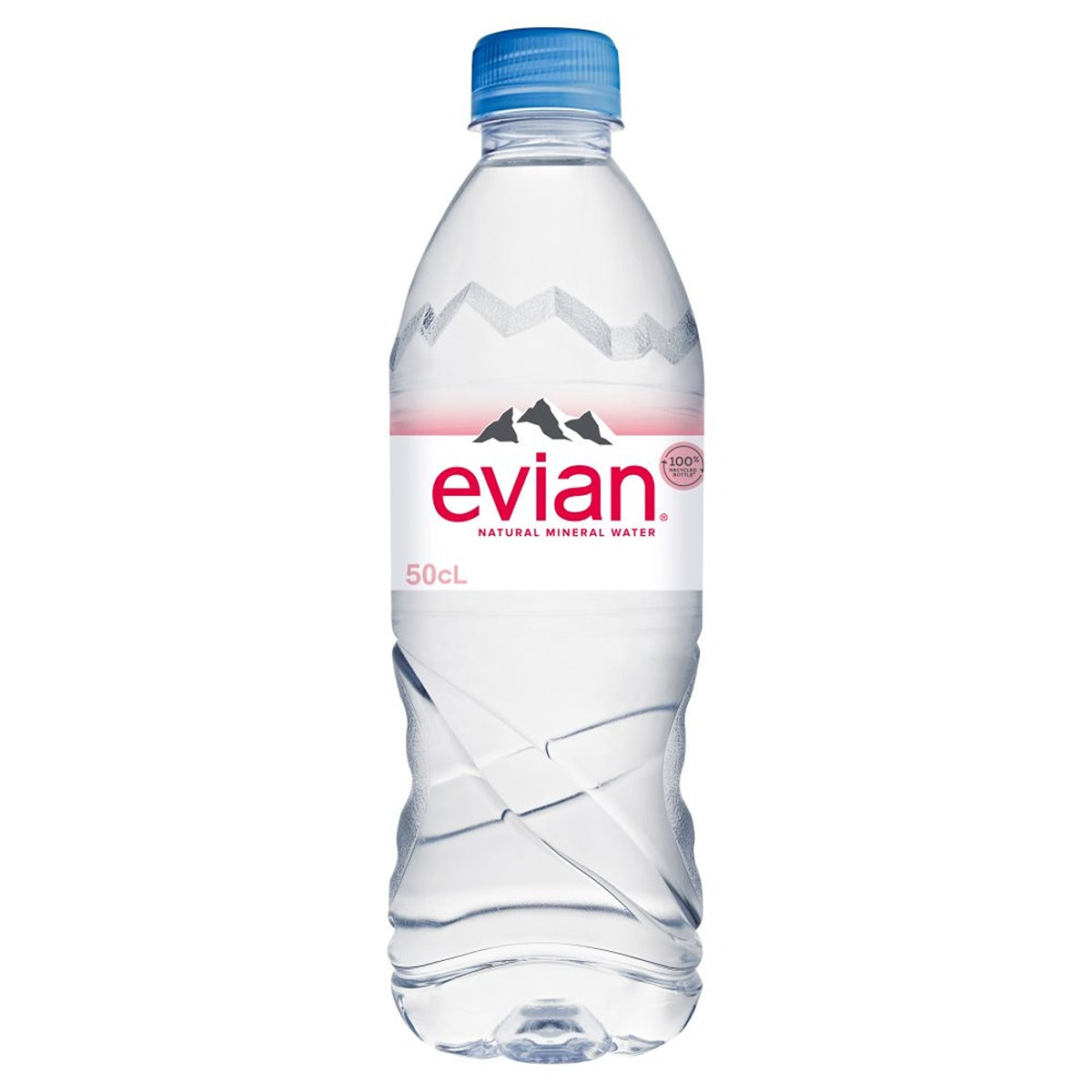 A bottle of Evian - Still Water - 0.5L on a white background.