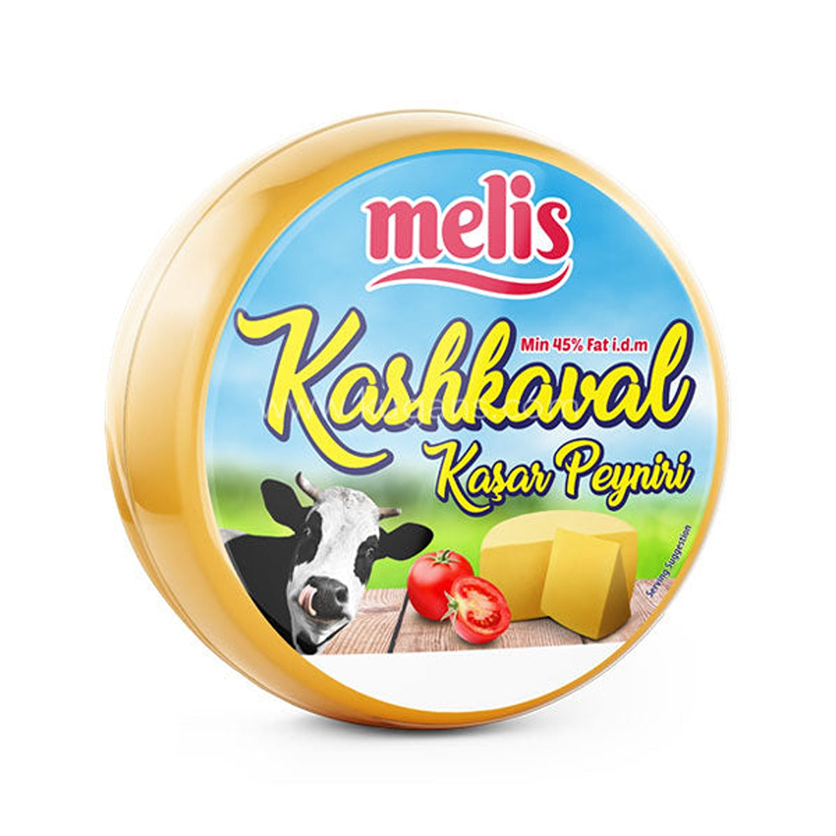Round cheese package labeled "Melis - Kashkaval (Kasar) Cheddar Cheese - 400g" with an image of a cow, cheese, and tomatoes on the label.