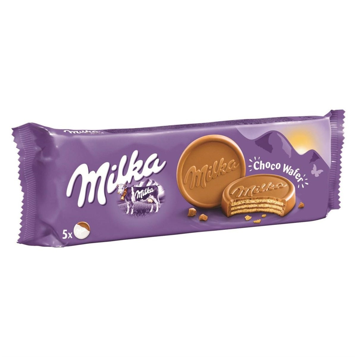 A Milka Choco Wafer - 150g bar with a purple wrapper. A Milka Choco Wafer - 150g bar with a purple wrapper.