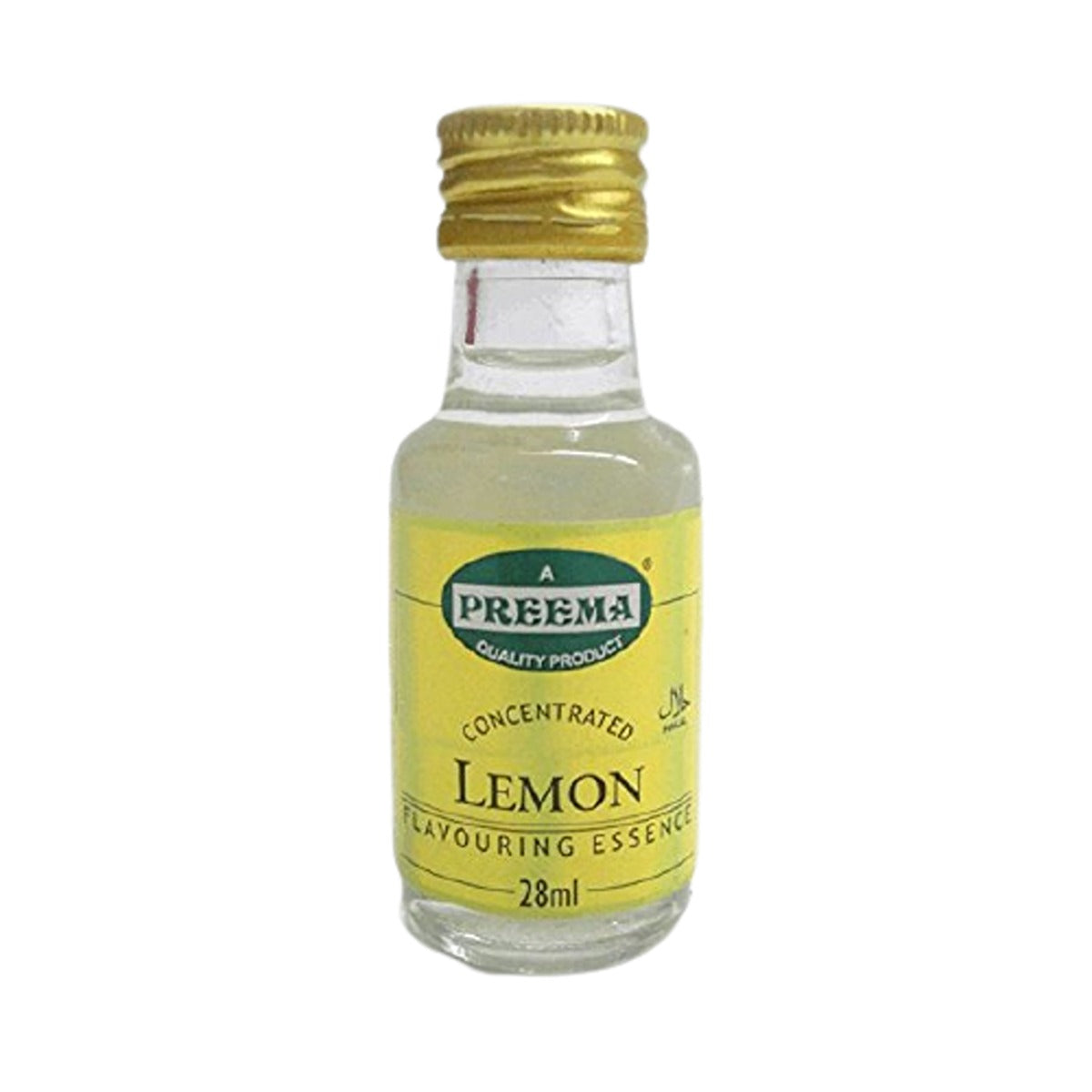 A bottle of Preema - Food Lemon Flavouring Essence 28ml on a white background.