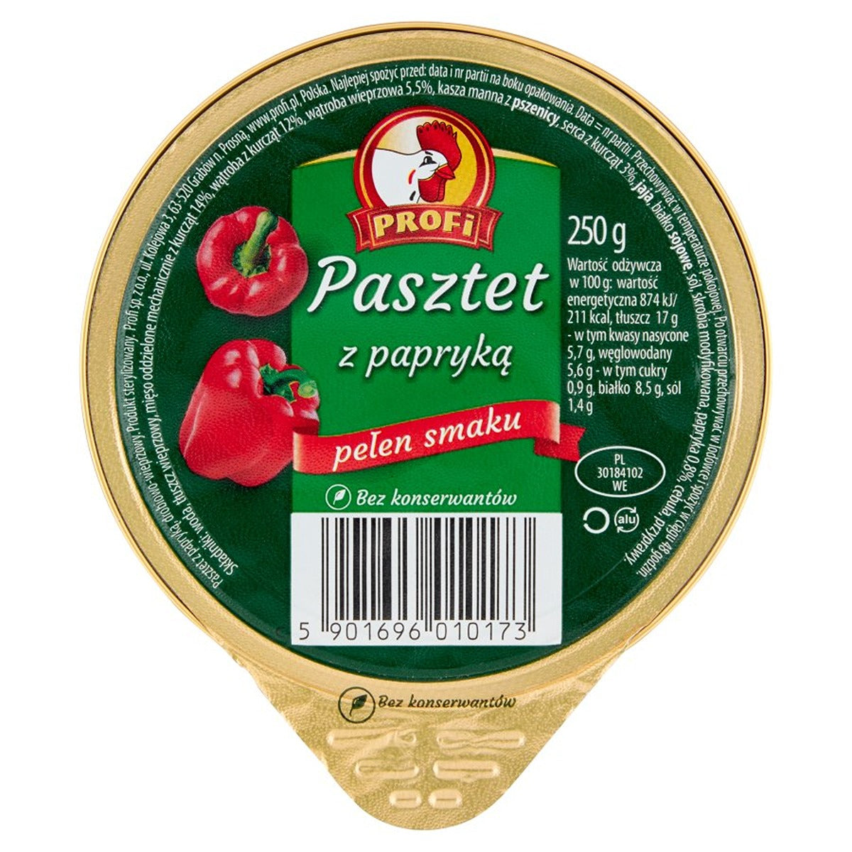 Lid of a packaged food product labeled "Profi - Pate with Peppers," featuring images of red peppers, nutritional information, and a weight of 250g. Lid of a packaged food product labeled "Profi - Pate with Peppers," featuring images of red peppers, nutritional information, and a weight of 250g.