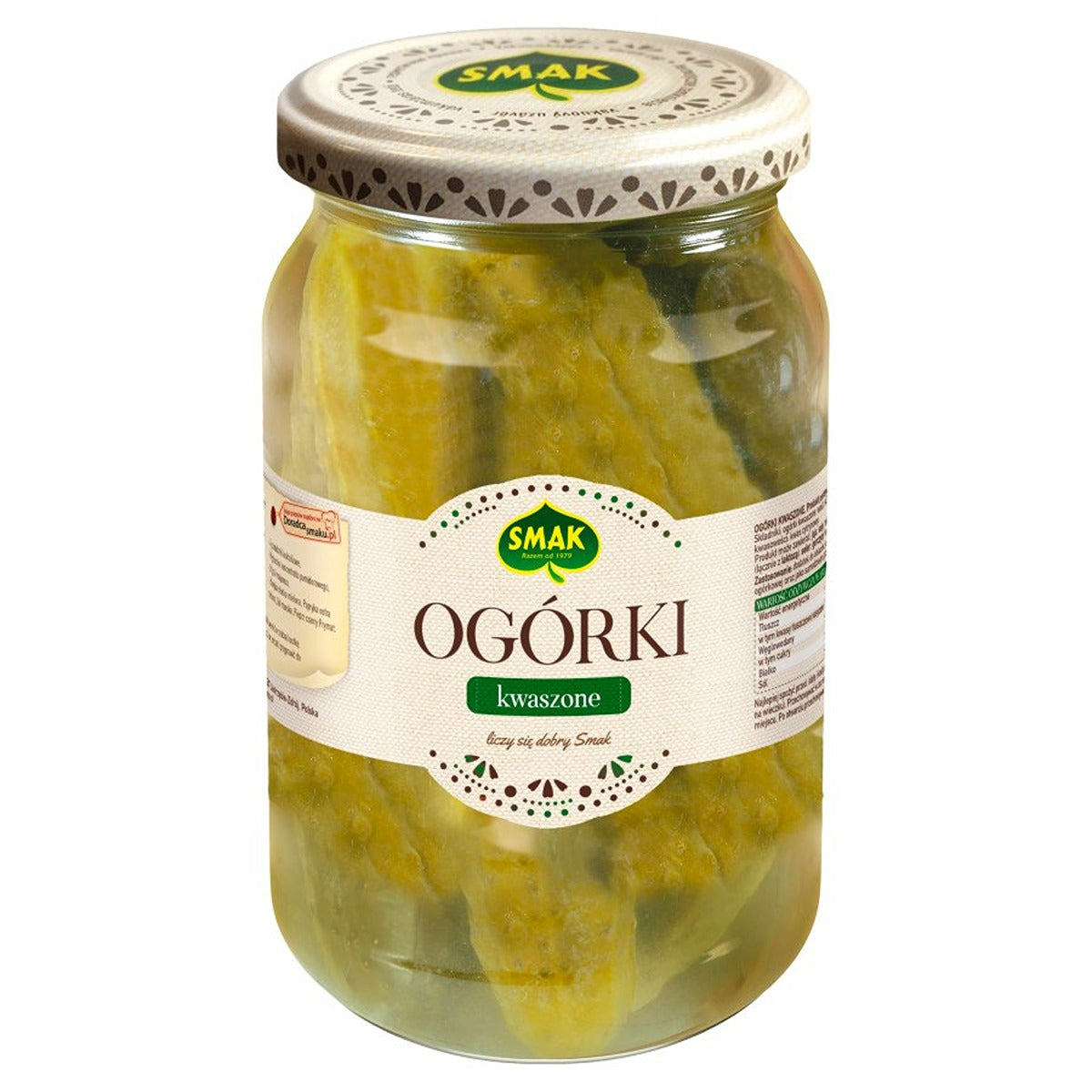 A jar of Smak - Sour Cucumbers - 900g on a white background. A jar of Smak - Sour Cucumbers - 900g on a white background.