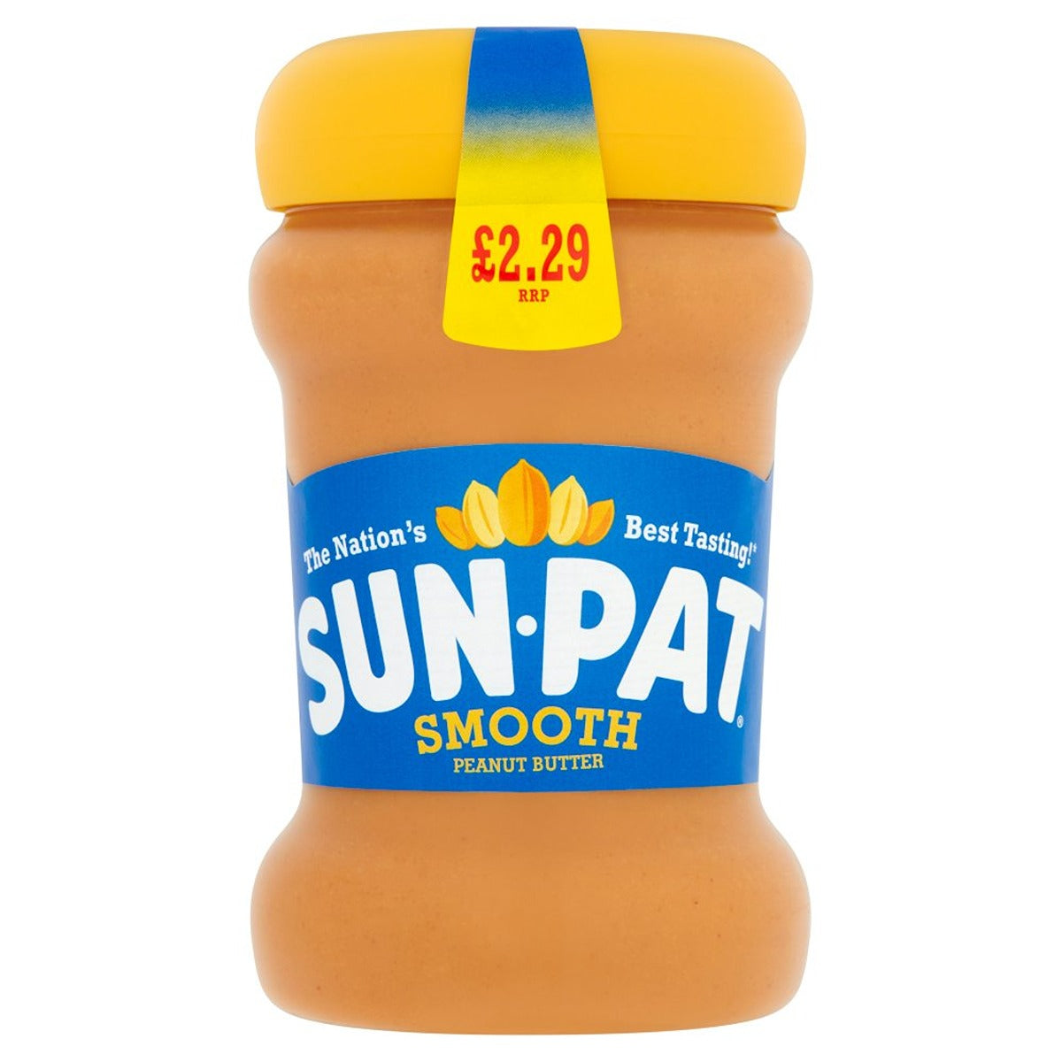 A jar of Sun Pat - Smooth Peanut Butter - 300g on a white background.