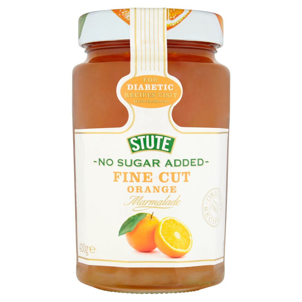 A jar of Stute - No Sugar Added Fine Cut Orange Marmalade - 430g on a white background.