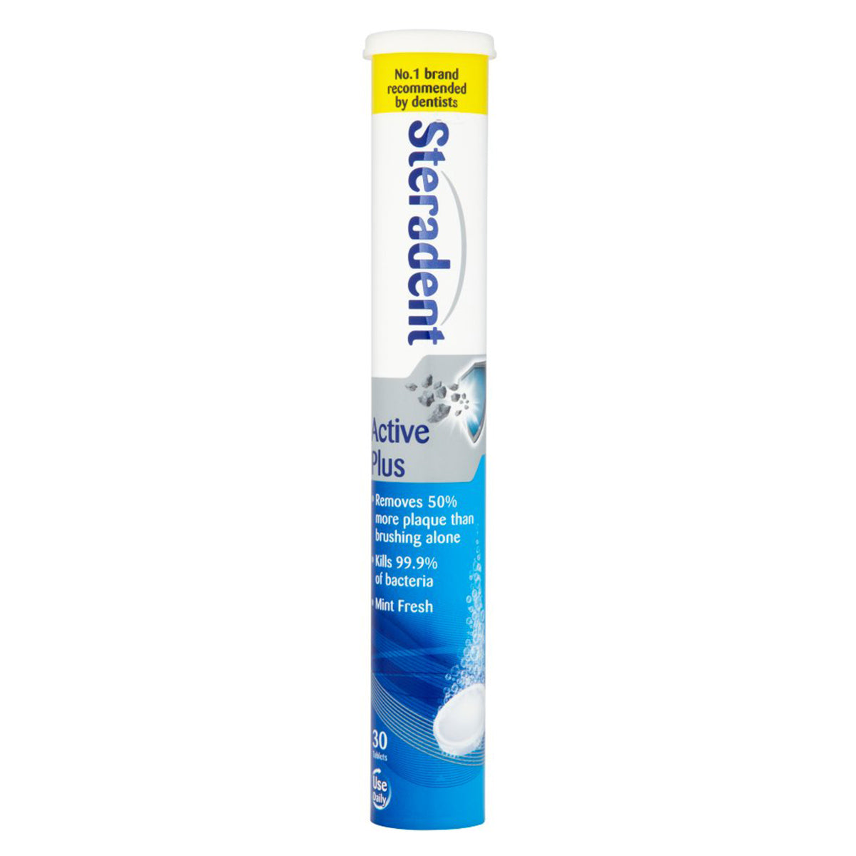 A tube of Steradent - Active Plus Denture Cleanser - 30 Tablets on a white background.