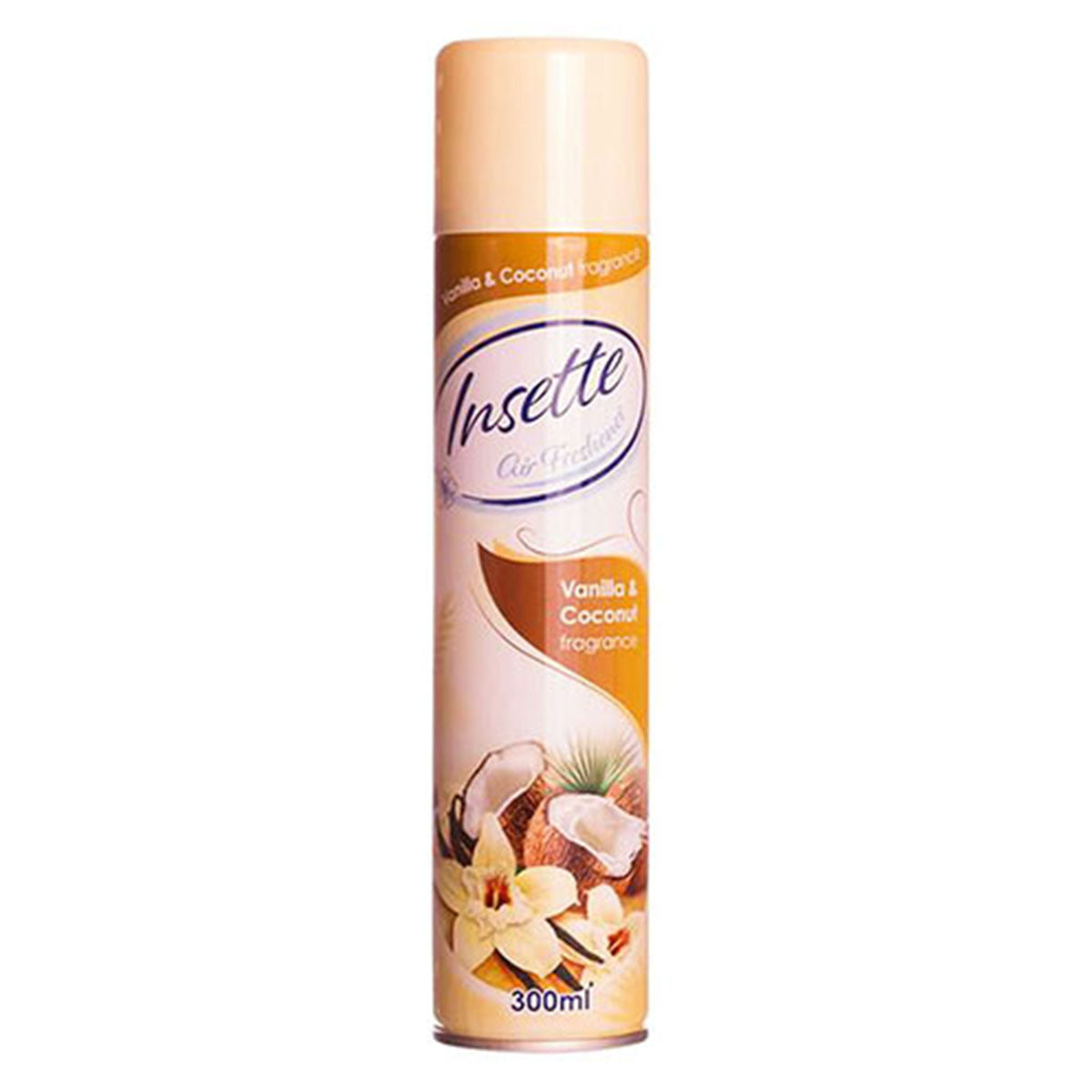A can of Insette - Air Freshener Vanilla & Coconut - 300ml on a white background. A can of Insette - Air Freshener Vanilla & Coconut - 300ml on a white background.