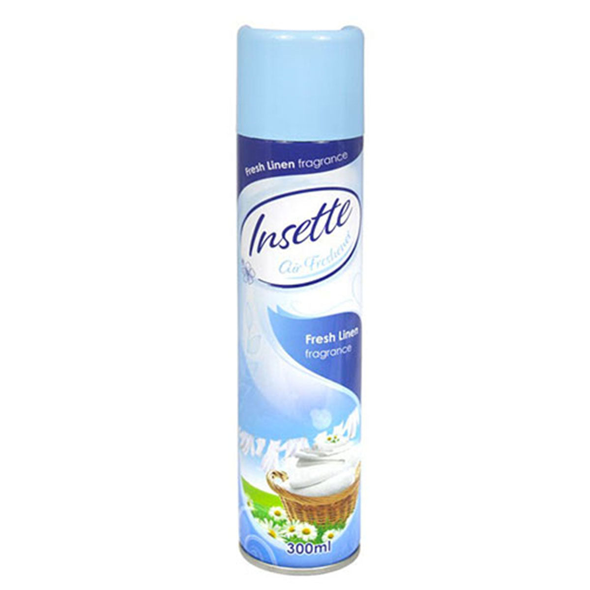 A can of Insette - Air Freshener Fresh Linen - 300ml on a white background. A can of Insette - Air Freshener Fresh Linen - 300ml on a white background.